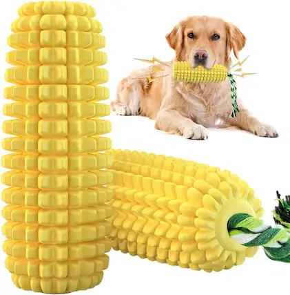 Front. PUPIHOM - Corn Shaped Squeak Durable Rubber Dental Dog Chew Toy With Rope - Yellow.