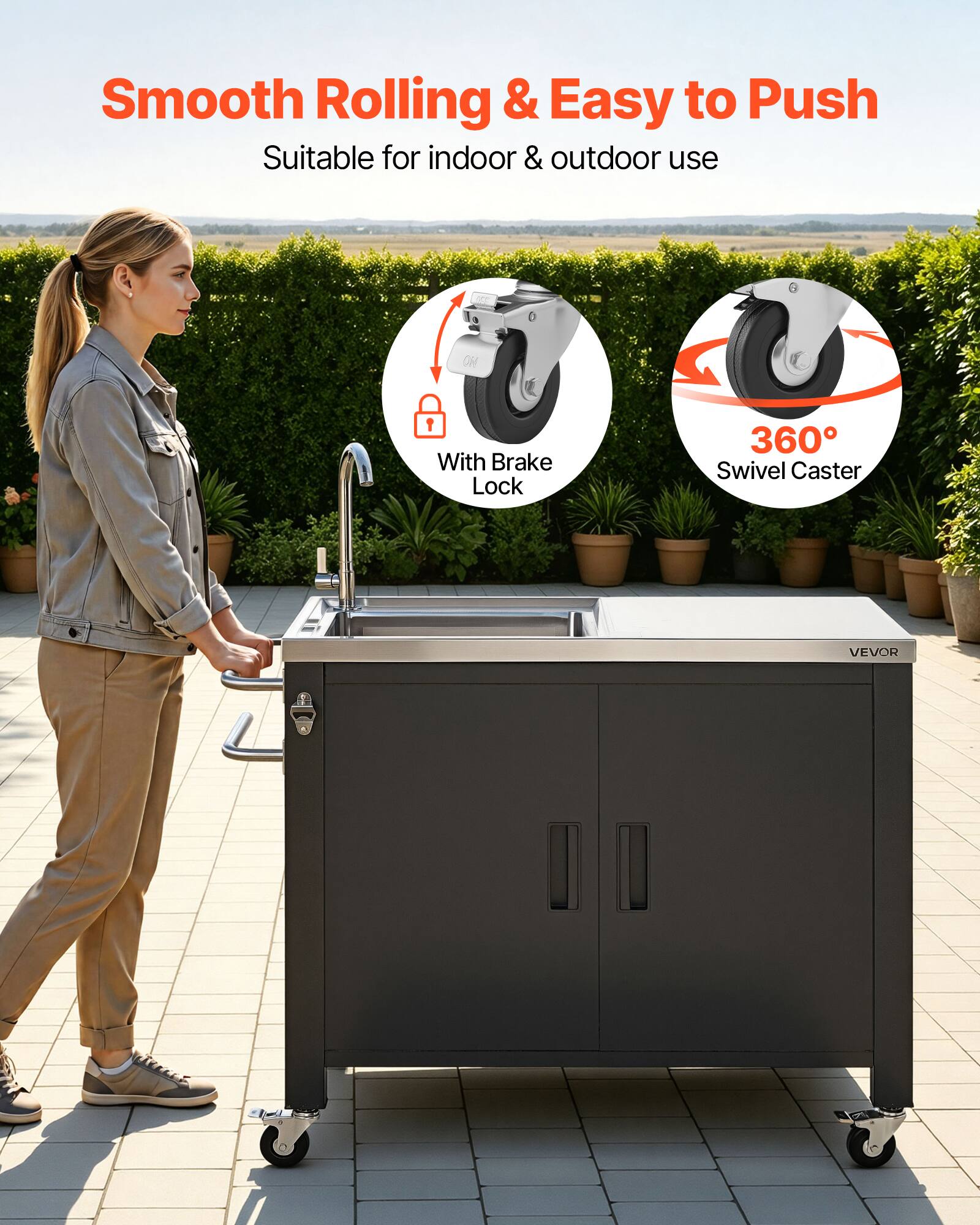 Smooth Rolling & Easy to Push  
Suitable for indoor & outdoor use  
With Brake Lock  
360° Swivel Caster  
VEVOR