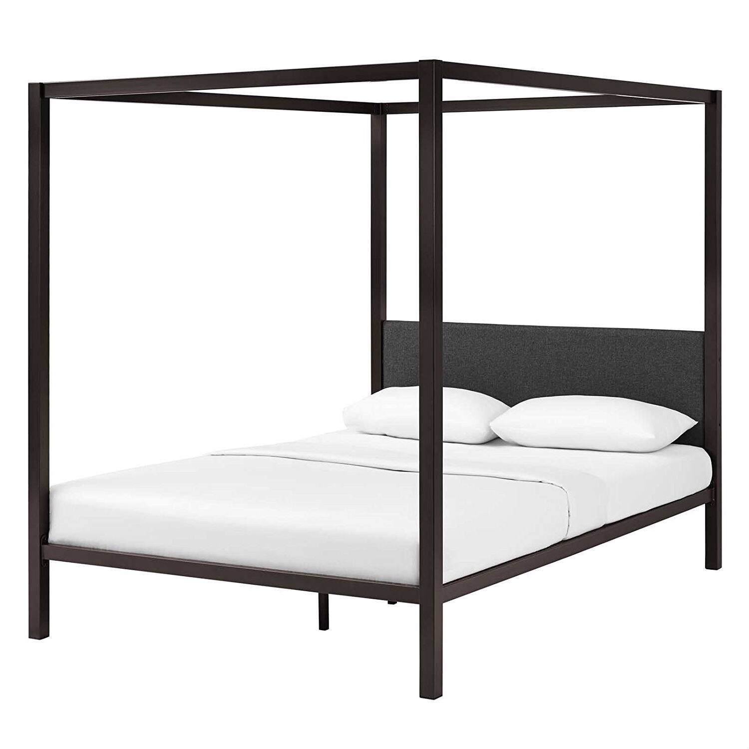 Hivvago - Queen size Metal Canopy Bed Frame with Upholstered Headboard - Brown