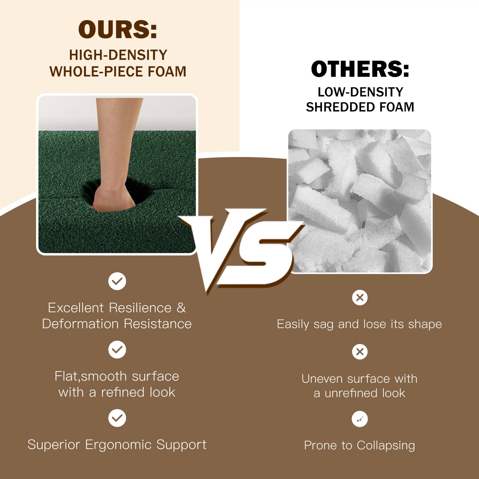 **OURS:**
- HIGH-DENSITY WHOLE-PIECE FOAM
  - Excellent Resilience & Deformation Resistance
  - Flat, smooth surface with a refined look
  - Superior Ergonomic Support

**OTHERS:**
- LOW-DENSITY SHREDDED FOAM
  - Easily sag and lose its shape
  - Uneven surface with an unrefined look
  - Prone to Collapsing