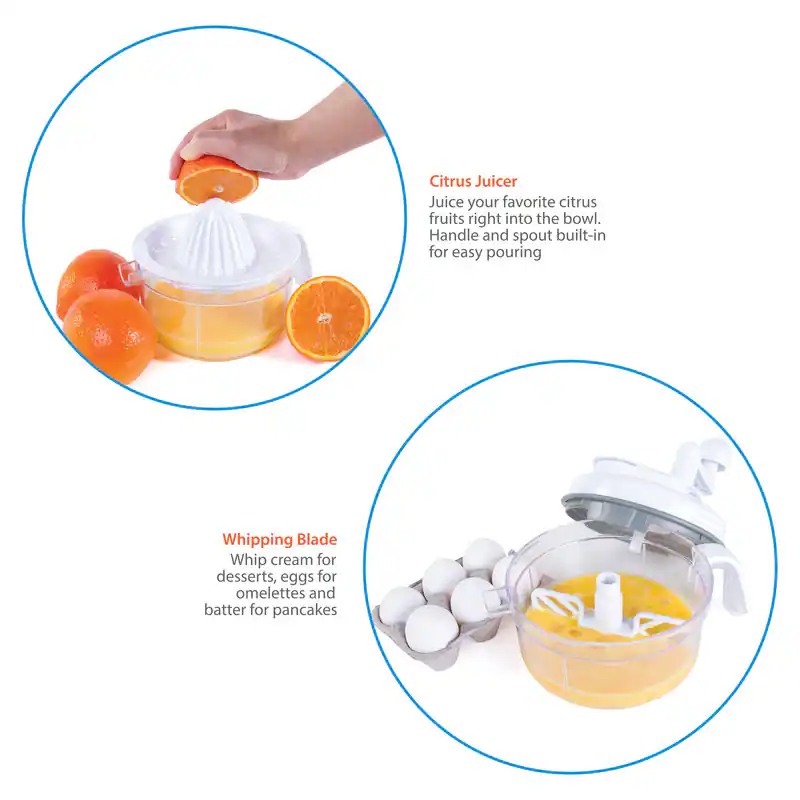 Citrus Juicer  
Juice your favorite citrus fruits right into the bowl. Handle and spout built-in for easy pouring  

Whipping Blade  
Whip cream for desserts, eggs for omelettes and batter for pancakes