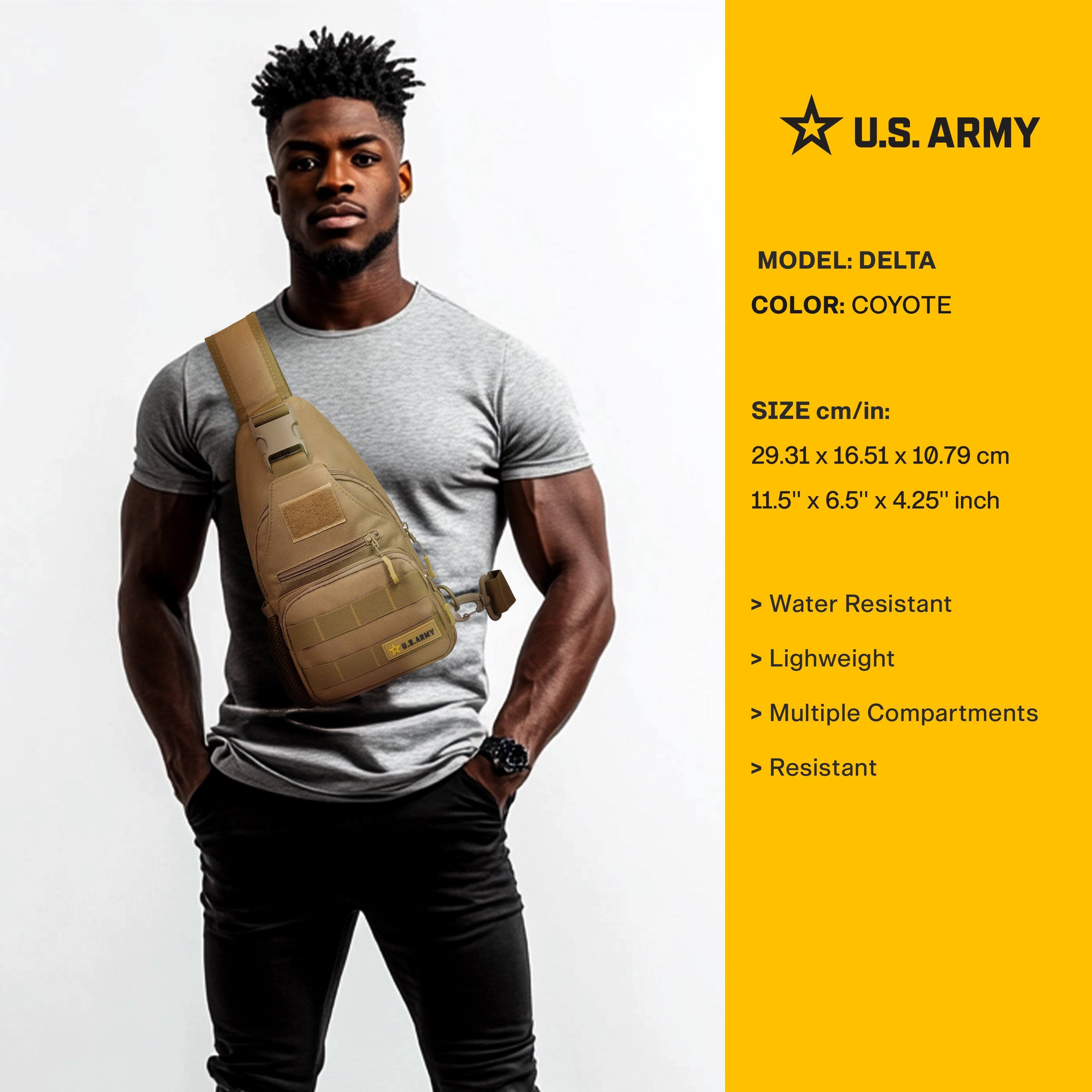U.S. ARMY

MODEL: DELTA  
COLOR: COYOTE  

SIZE cm/in:  
29.31 x 16.51 x 10.79 cm  
11.5" x 6.5" x 4.25" inch  

- Water Resistant  
- Lightweight  
- Multiple Compartments  
- Resistant