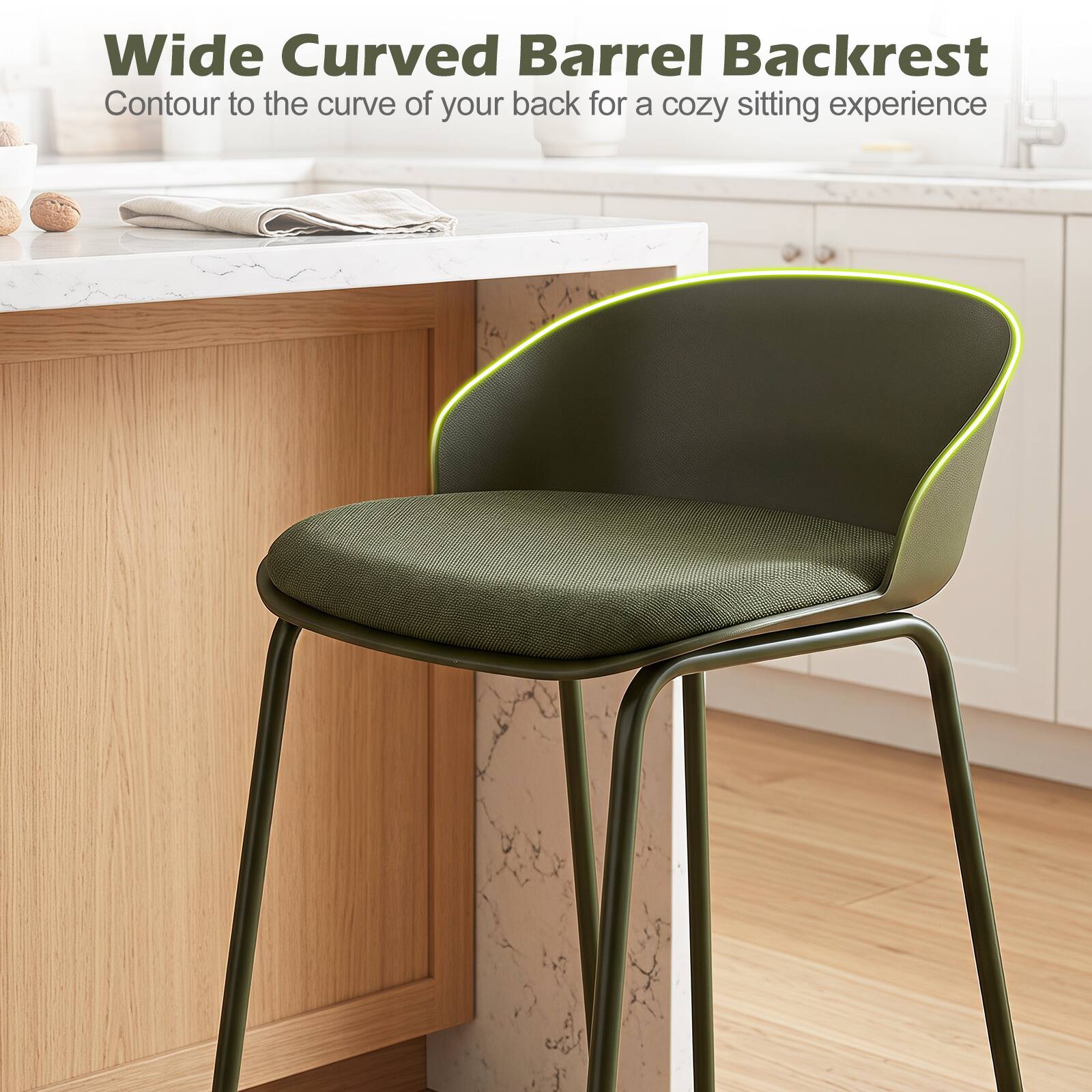 Wide Curved Barrel Backrest  
Contour to the curve of your back for a cozy sitting experience
