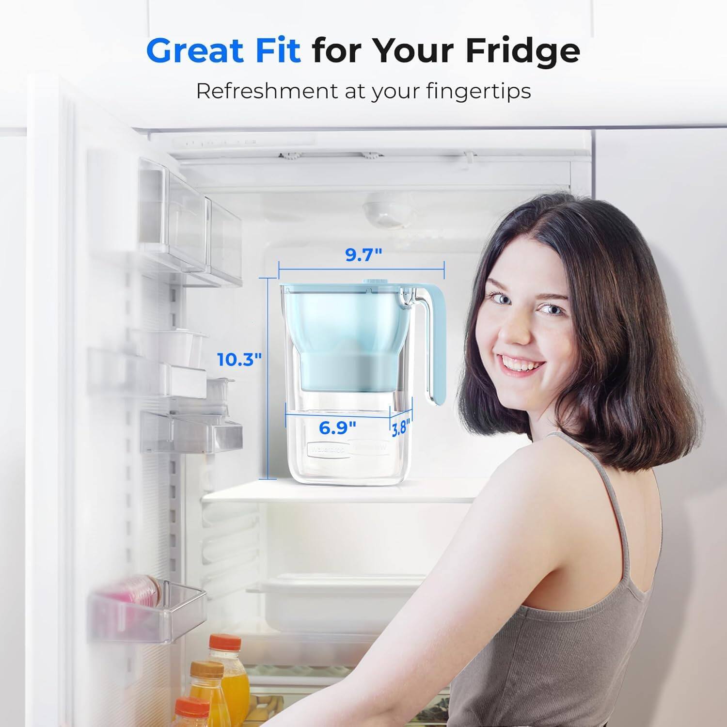 Great Fit for Your Fridge  
Refreshment at your fingertips  

9.7"  
10.3"  
6.9"  
3.8"