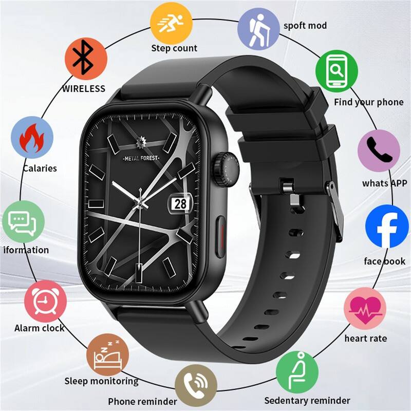 - Step count
- Wireless
- Calories
- Information
- Alarm clock
- Sleep monitoring
- Phone reminder
- Sedentary reminder
- Heart rate
- Find your phone
- WhatsApp
- Facebook
- Spoft mod