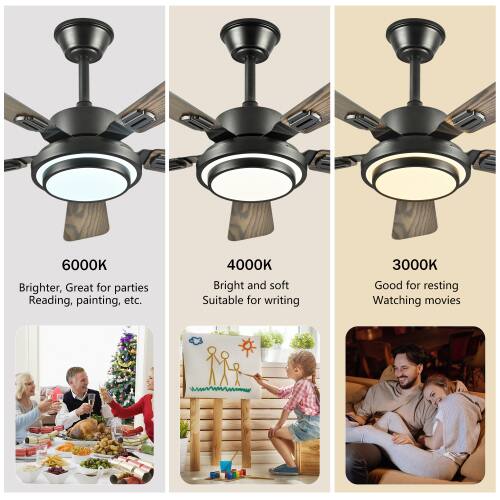 6000K Brighter, Great for parties, Reading, painting, etc.  
4000K Bright and soft, Suitable for writing  
3000K Good for resting, Watching movies