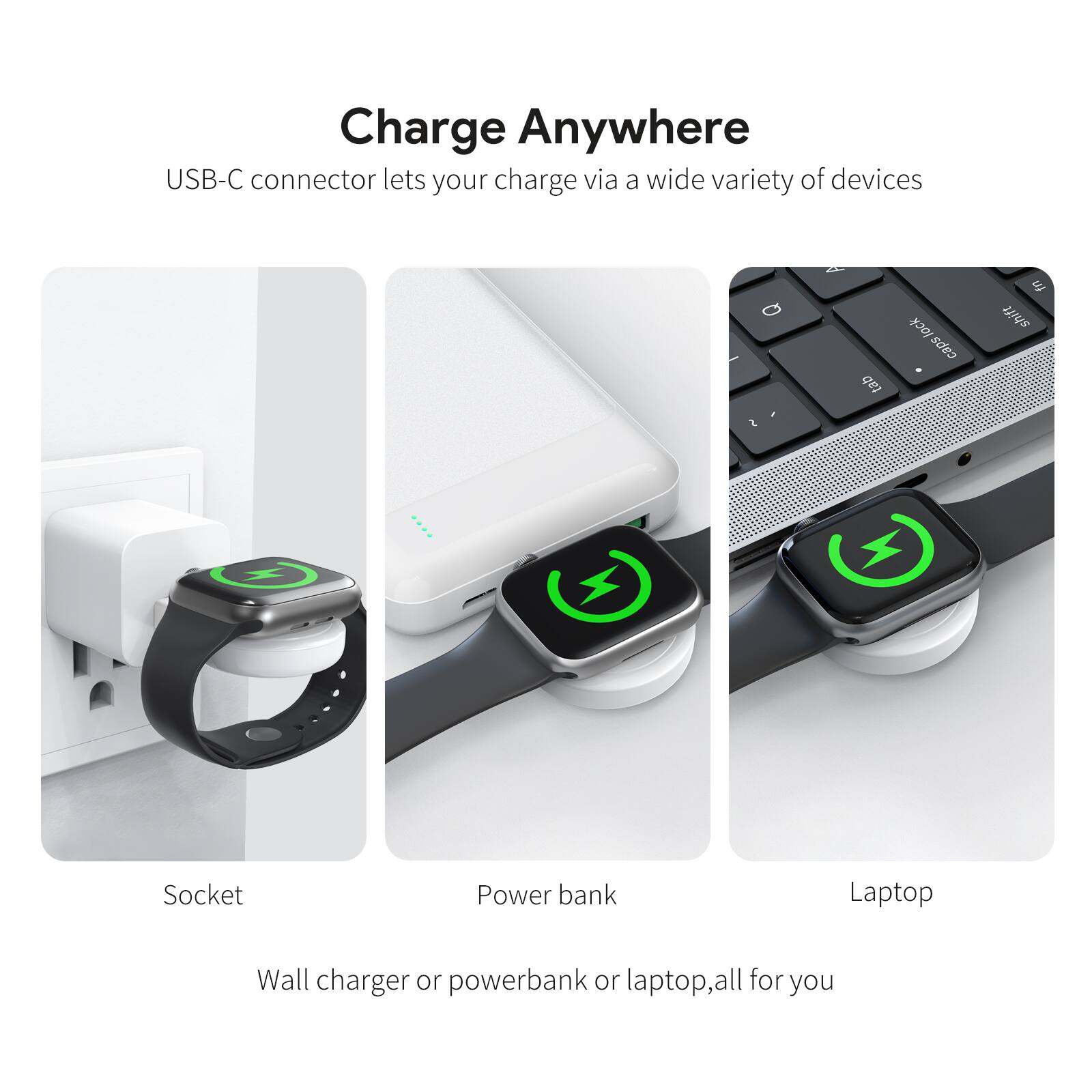 Charge Anywhere

USB-C connector lets your charge via a wide variety of devices

Socket

Power bank

Laptop

Wall charger or powerbank or laptop, all for you