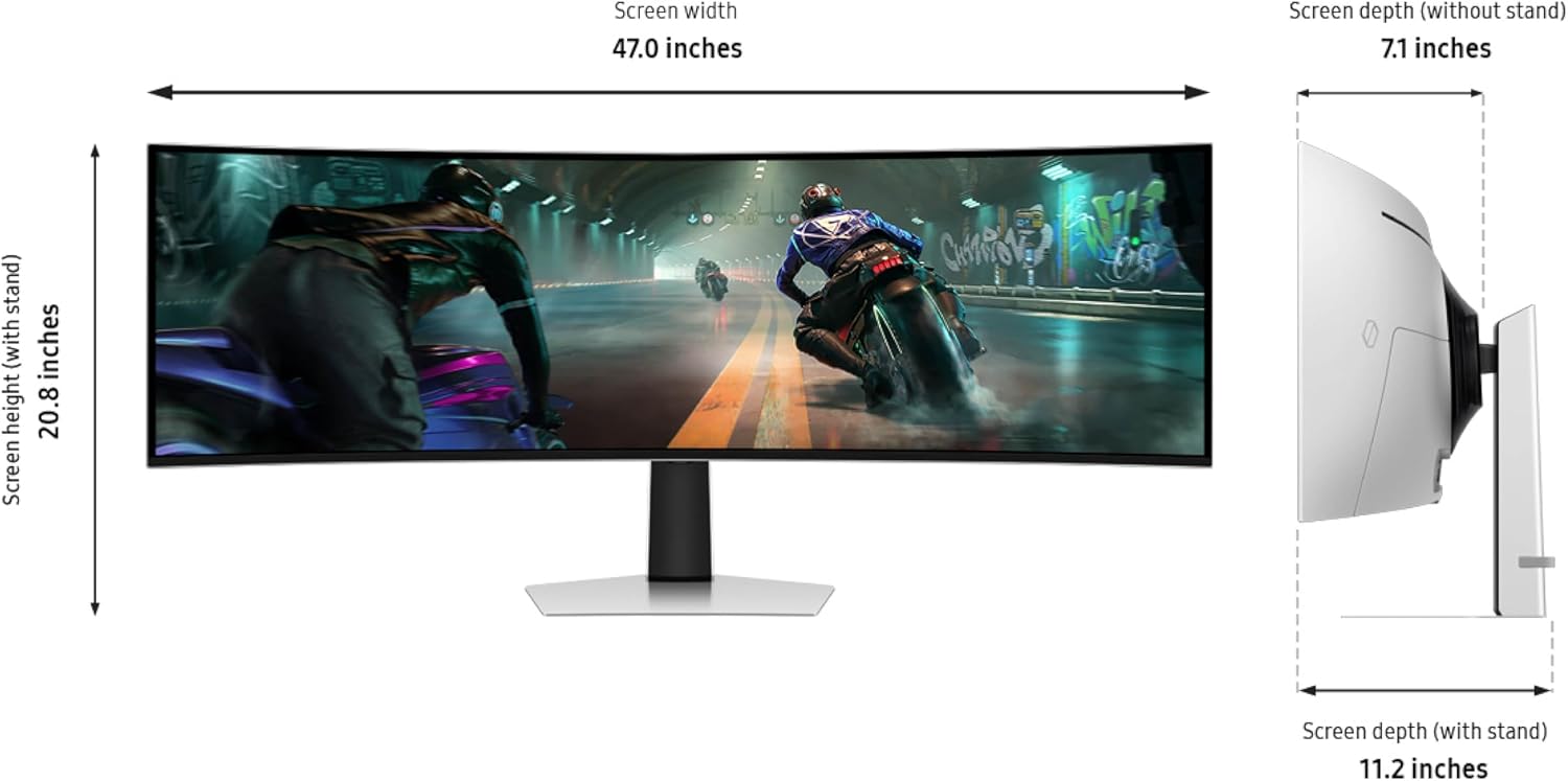 Screen width 47.0 inches  
Screen depth (without stand) 7.1 inches  
Screen height 20.8 inches  
Screen depth (with stand) 11.2 inches
