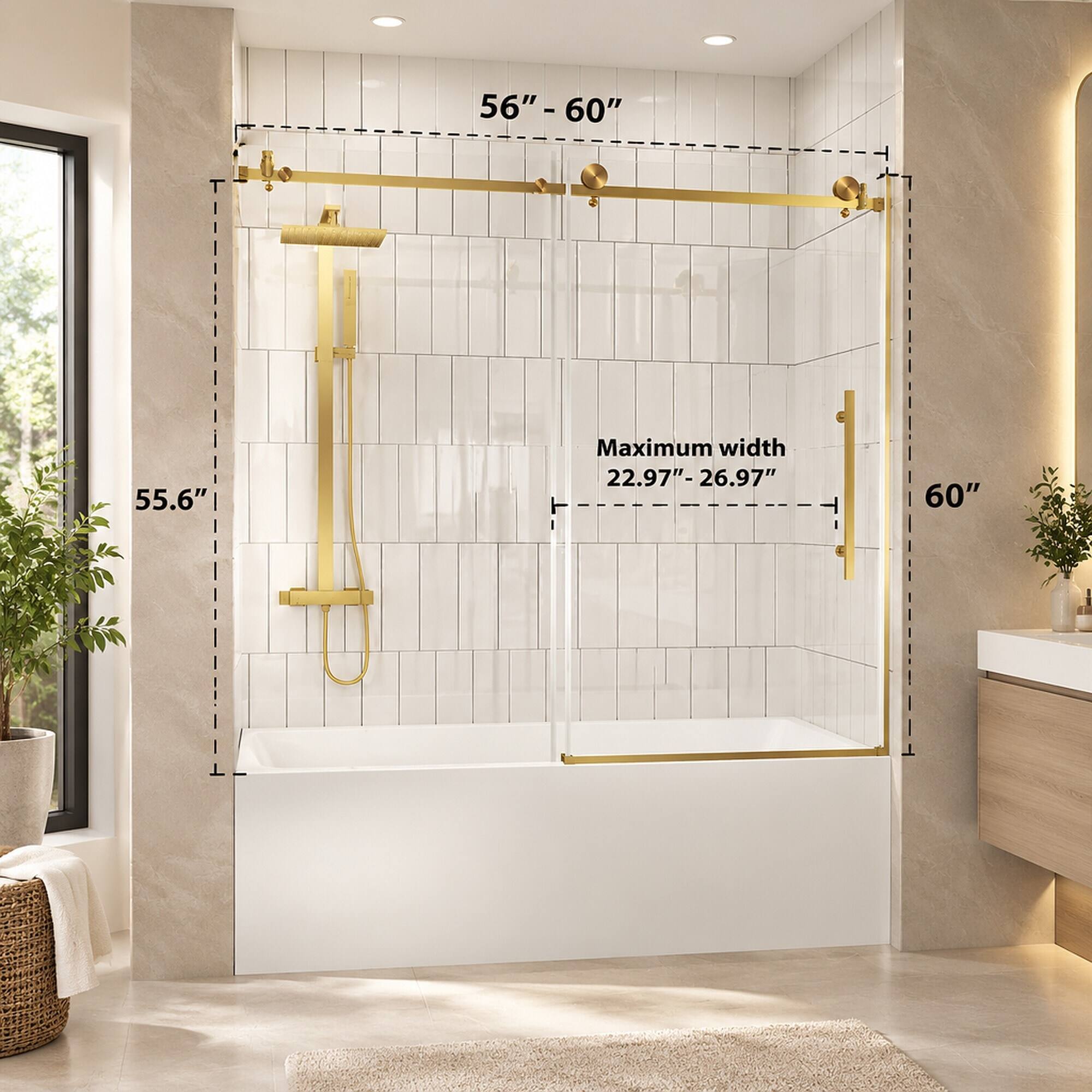 56" - 60"  
55.6"  
Maximum width 22.97" - 26.97"  
60"