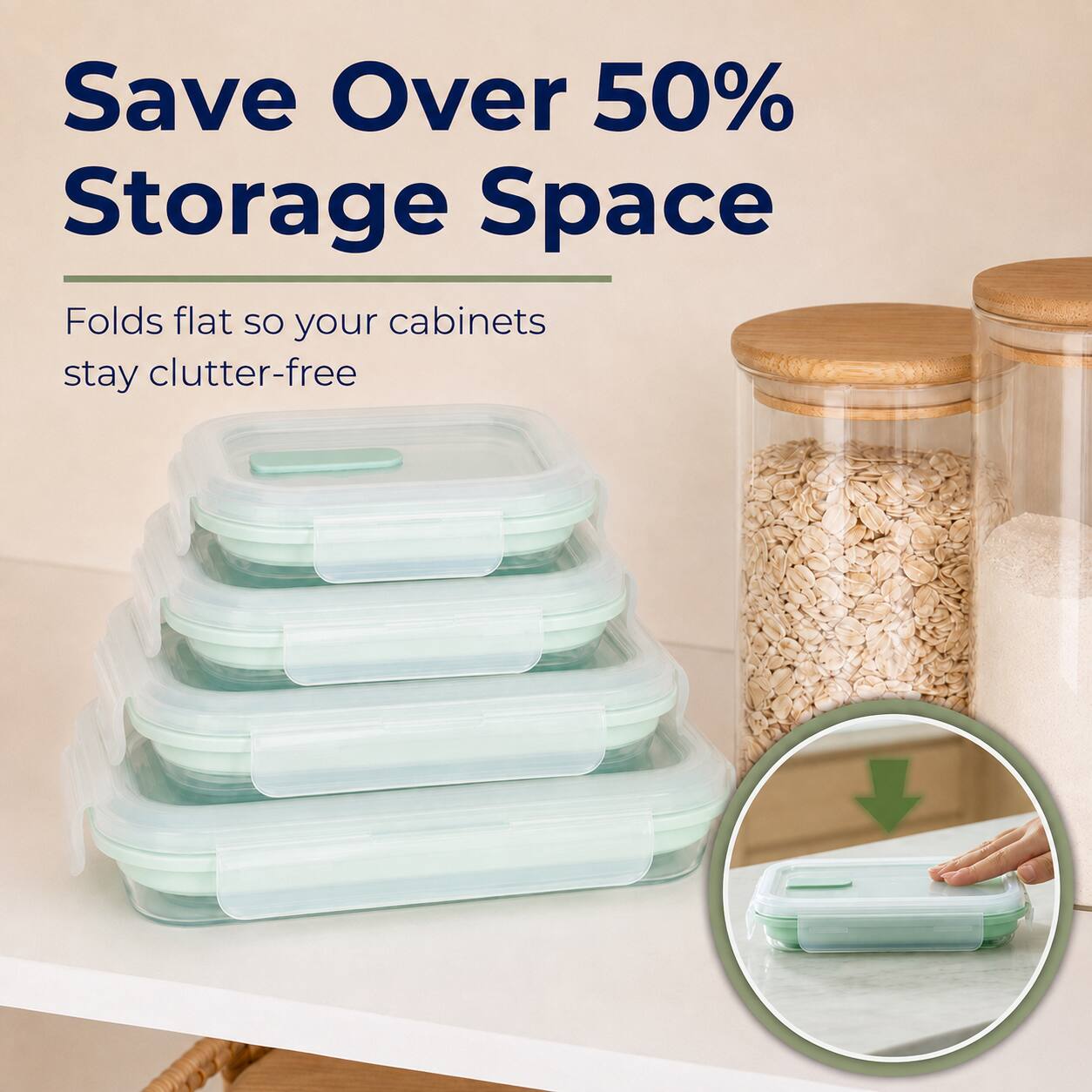 Save Over 50% Storage Space  
Folds flat so your cabinets stay clutter-free