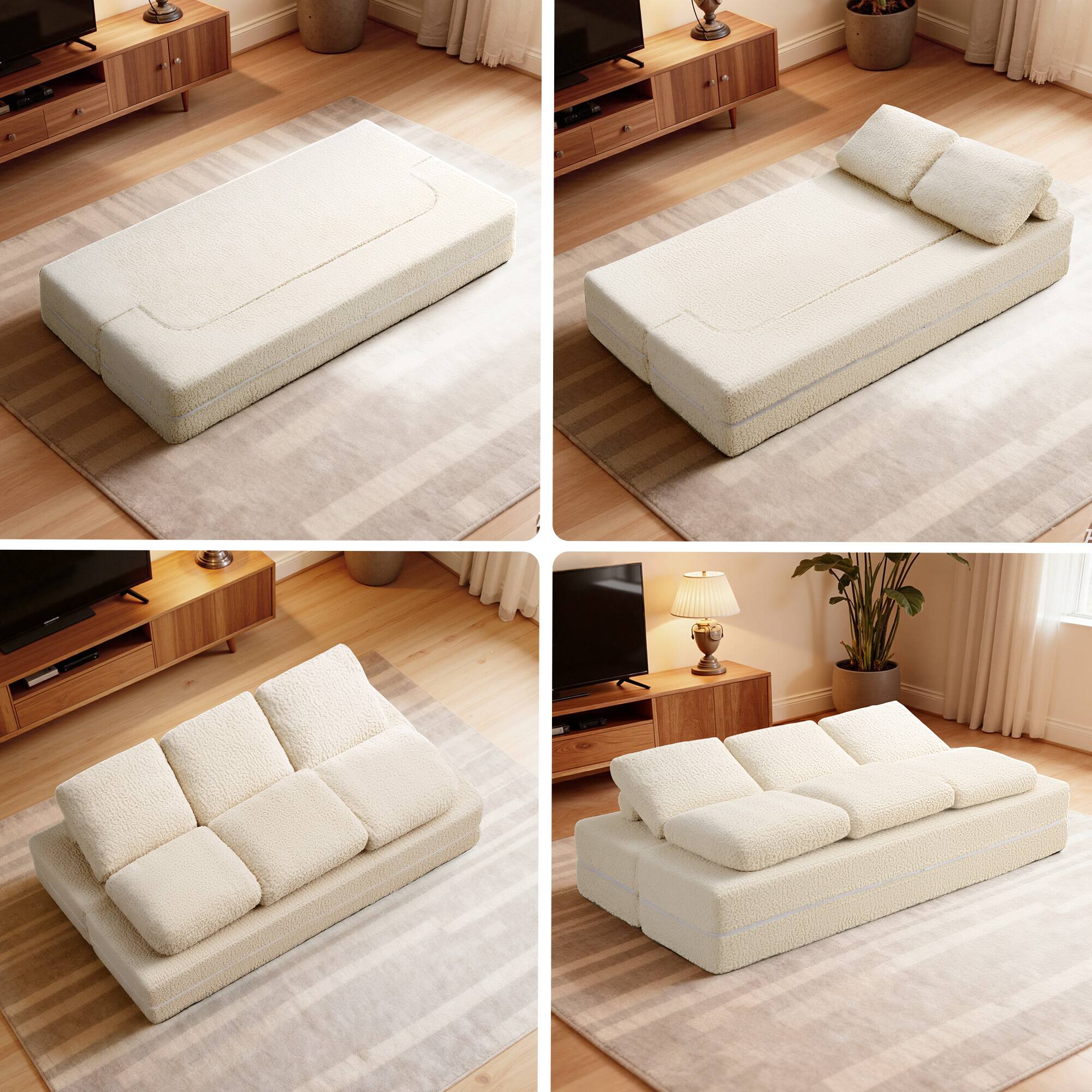 Angle. KERDOM - Convertible Folding Sofa Bed, 63” Guest Daybed Futon Floor Sleeper Couch, Plush Loveseat Couch for Small Space Studio - Beige.