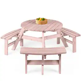 Best Choice Products - 6-Person Circular Outdoor Wooden Picnic Table w/ 3 Built-In Benches, 500lb Capacity - Rose Quartz