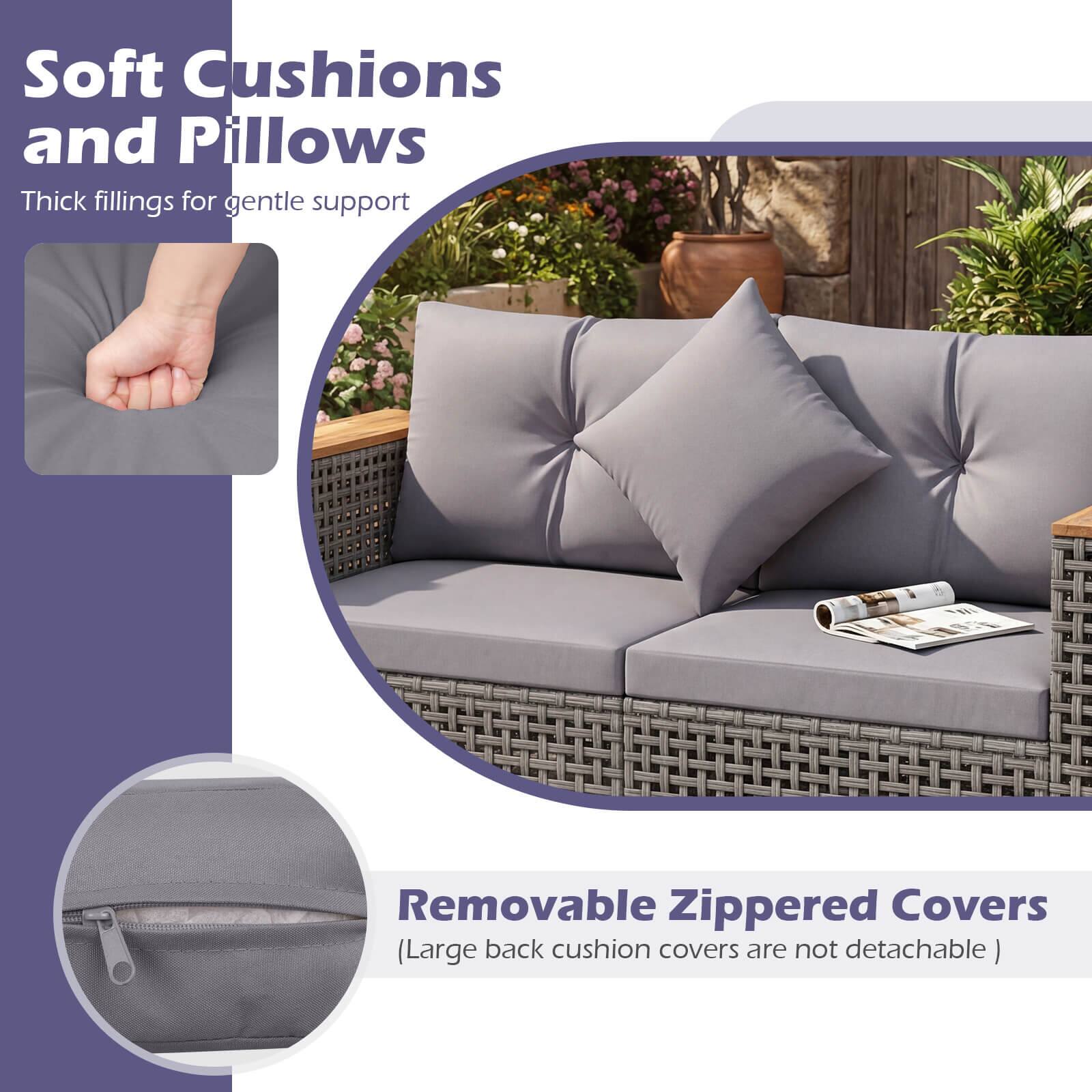 Soft Cushions and Pillows  
Thick fillings for gentle support  

Removable Zippered Covers  
(Large back cushion covers are not detachable)