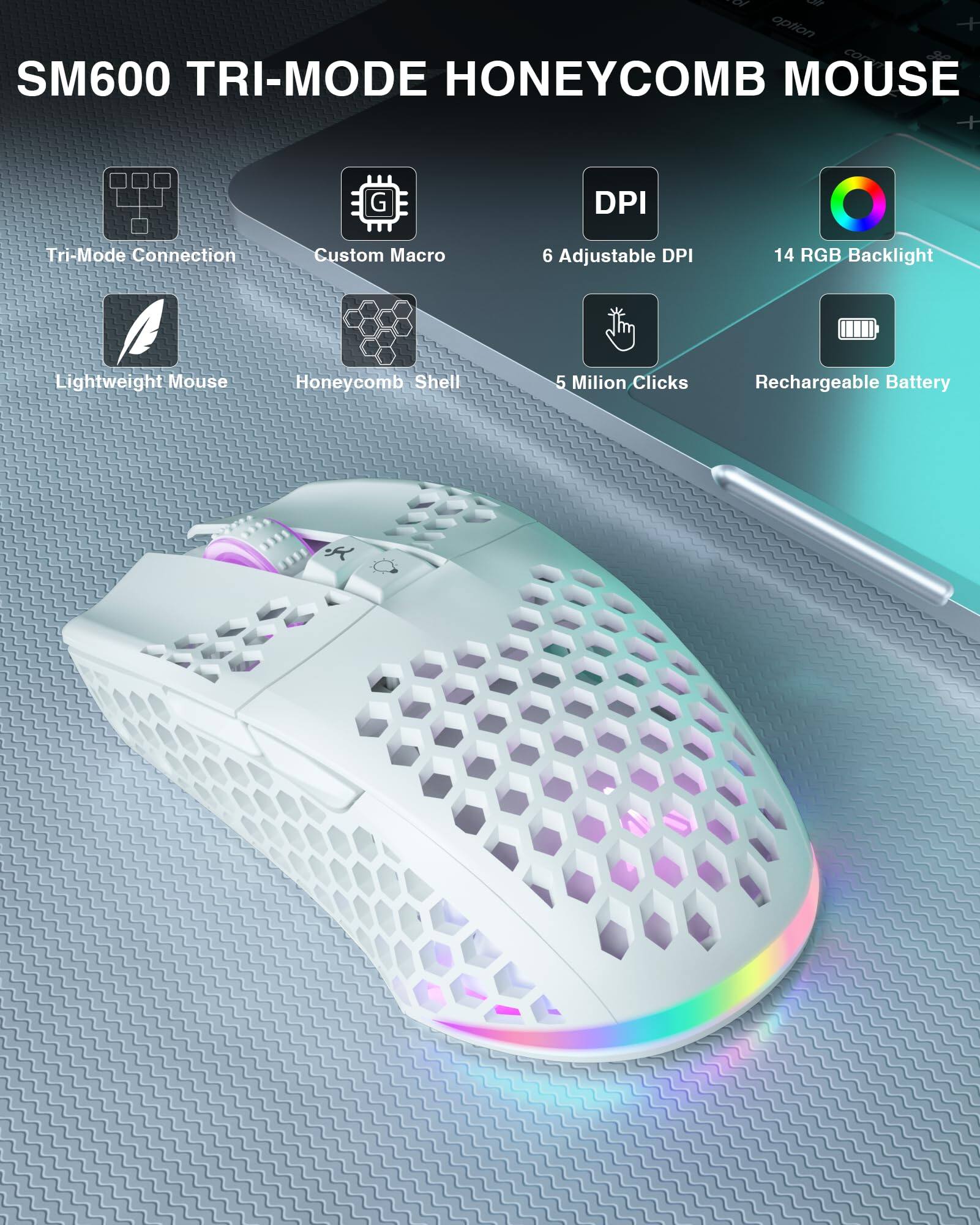 SM600 TRI-MODE HONEYCOMB MOUSE

- Tri-Mode Connection
- Custom Macro
- 6 Adjustable DPI
- 14 RGB Backlight
- Lightweight Mouse
- Honeycomb Shell
- 5 Million Clicks
- Rechargeable Battery