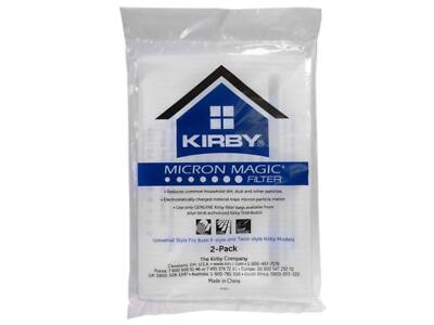 KIRBY MICRON MAGIC FILTER

- Reduces common household dust, dirt and other particles.
- Electrostatically-charged material traps microscopic particles.
- Use only GENUINE Kirby filter bags, available from your local authorized Kirby Dealer.

Universal Style Fits Both F-style and T-style Kirby Models

2-Pack

The Kirby Company
Cleveland, OH 44106 USA
Phone: 1-800-447-7722
Fax: 1-800-547-2222
UK 0800-519-1247
Australia 1-800-798-504
South Africa 0800-287-287
Made in China