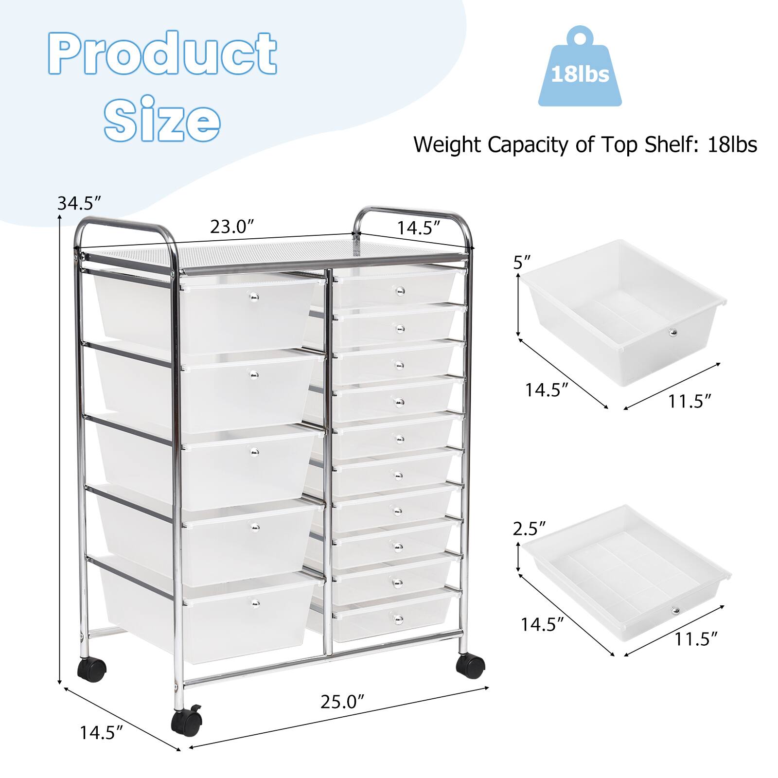 Product Size  
Weight Capacity of Top Shelf: 18lbs  
34.5" x 23.0" x 14.5"  
5"  
14.5" x 11.5" x 2.5"  
14.5" x 11.5" x 25.0"