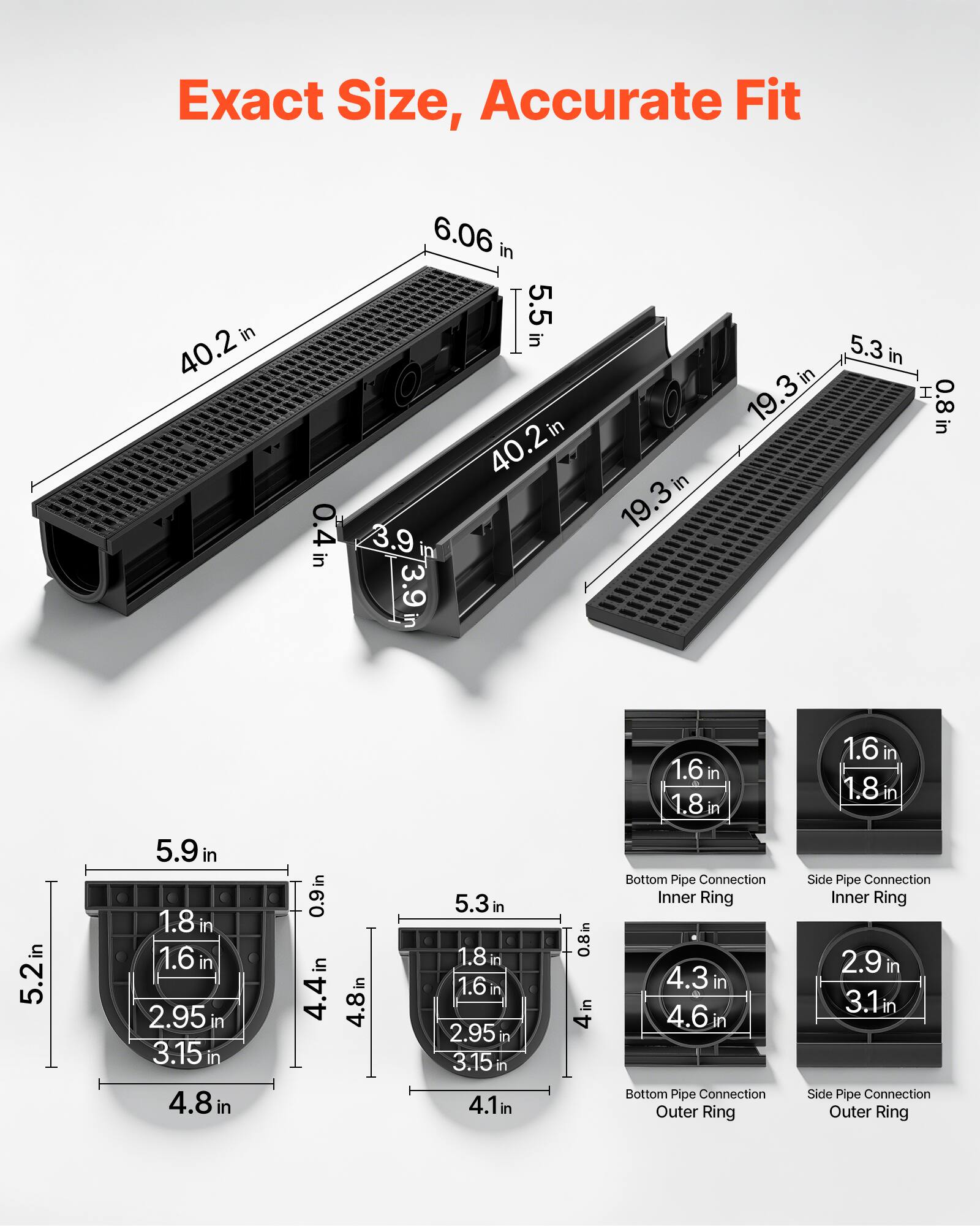 Exact Size, Accurate Fit

- 40.2 in
- 6.06 in
- 5.5 in
- 19.3 in
- 5.3 in
- 0.4 in
- 3.9 in
- 3.9 in
- 5.2 in
- 5.9 in
- 1.8 in
- 1.6 in
- 2.95 in
- 3.15 in
- 4.8 in
- 0.9 in
- 4.4 in
- 4.8 in
- 5.3 in
- 1.8 in
- 1.6 in
- 2.95 in
- 3.15 in
- 4.1 in
- 0.8 in
- 4 in
- 1.6 in
- 1.8 in

Bottom Pipe Connection
- Inner Ring: 4.3 in
- Outer Ring: 4.6 in

Side Pipe Connection
- Inner Ring: 2.9 in
- Outer Ring: 3.1 in