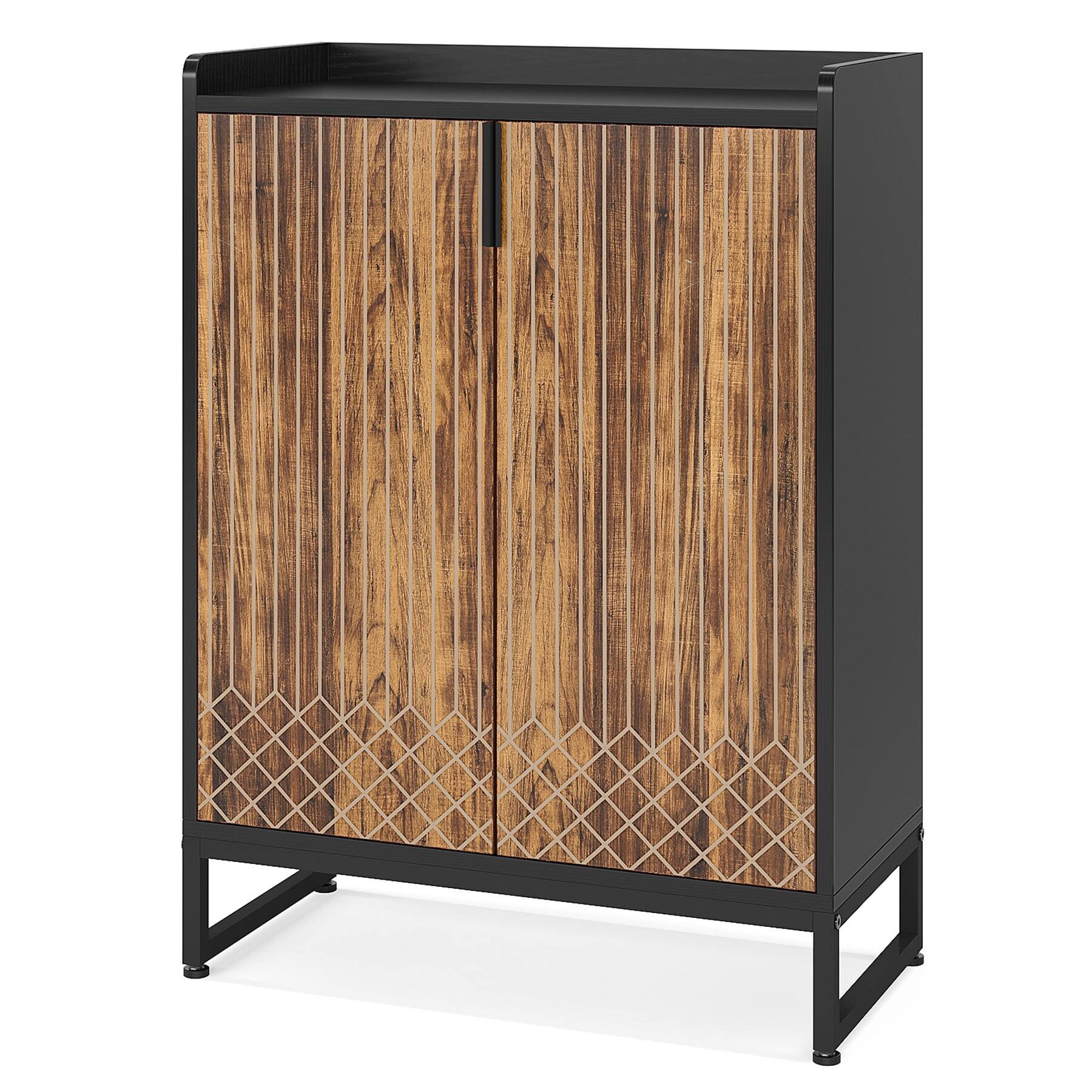 Back. Kadyn - Kadyn Shoe Storage Cabinet, Contemporary Diamond Pattern 29.52"W x 41.34"H for Easy Organization, Brown&Black - Brown.
