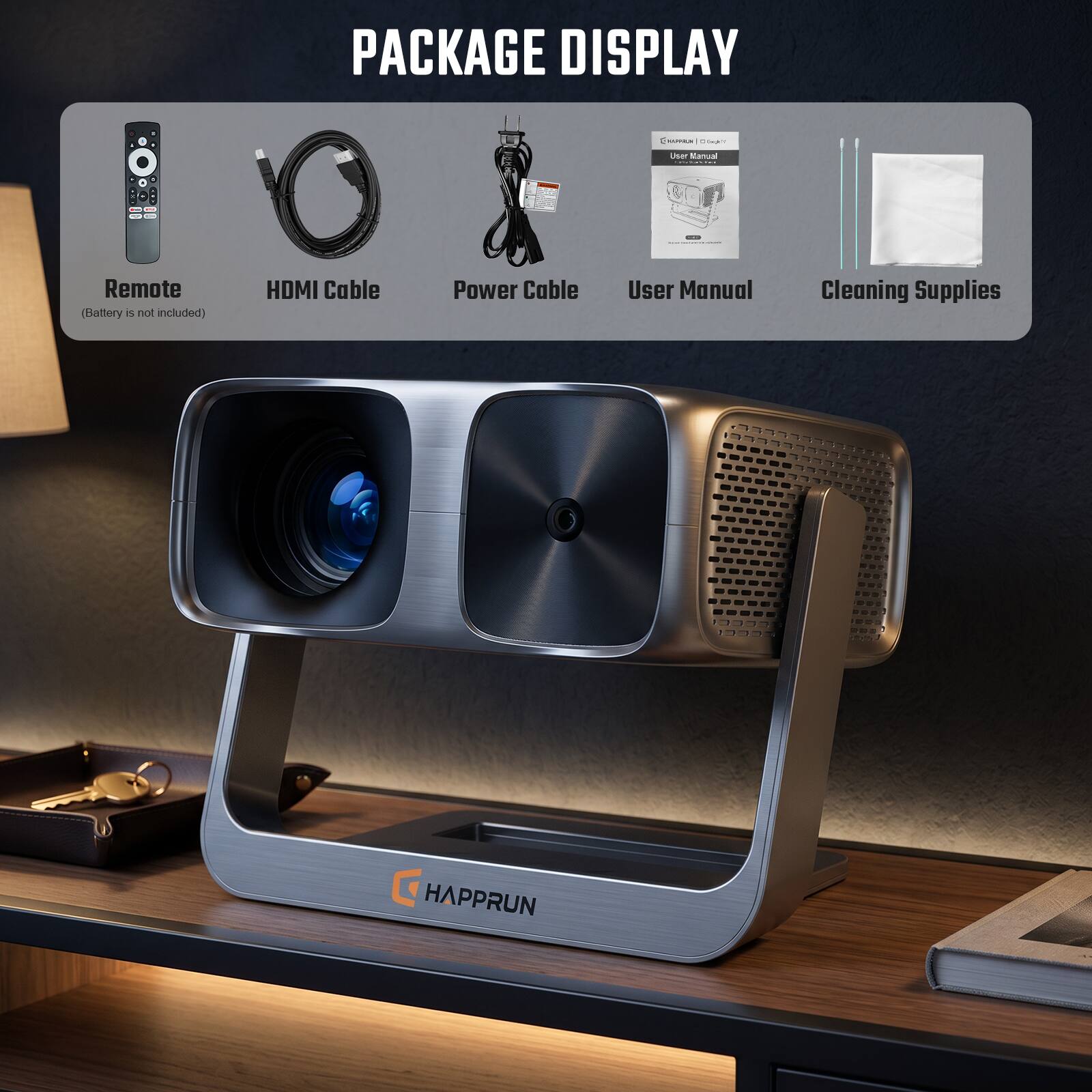 PACKAGE DISPLAY - COE Juen Maroual Remote (Battery is not included) HDMI Cable Power Cable User Manual Cleaning Supplies HAPPRUN
