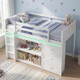 Costway - Twin Size Loft Bed with LED Lights Underbed Space Drawers Shelves Ladder - White