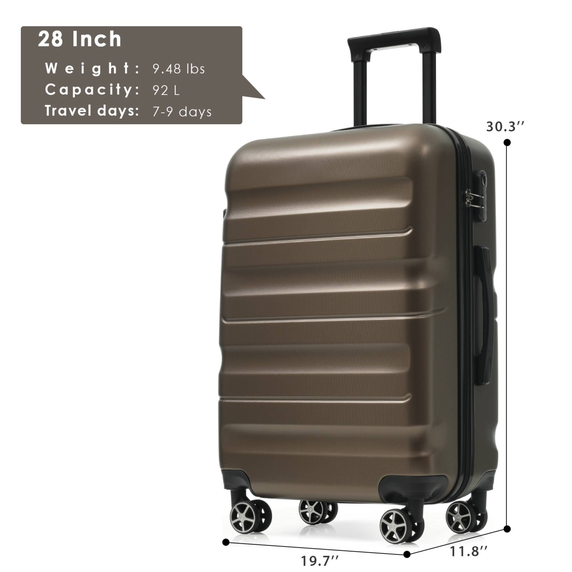28 Inch  
Weight: 9.48 lbs  
Capacity: 92 L  
Travel days: 7-9 days  

Dimensions:  
Height: 30.3"  
Width: 19.7"  
Depth: 11.8"