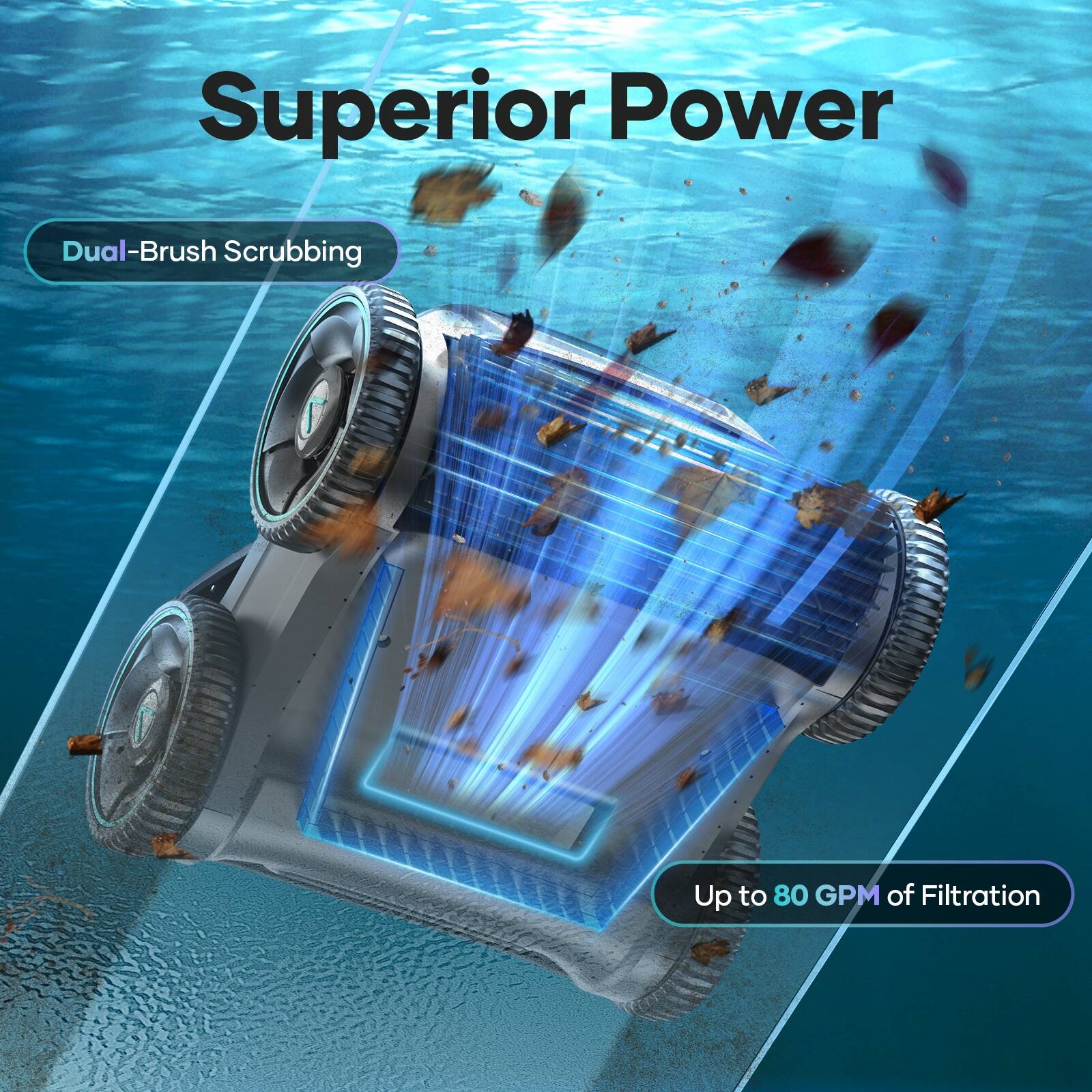 Superior Power, Dual-Brush Scrubbing, Up to 80 GPM of Filtration