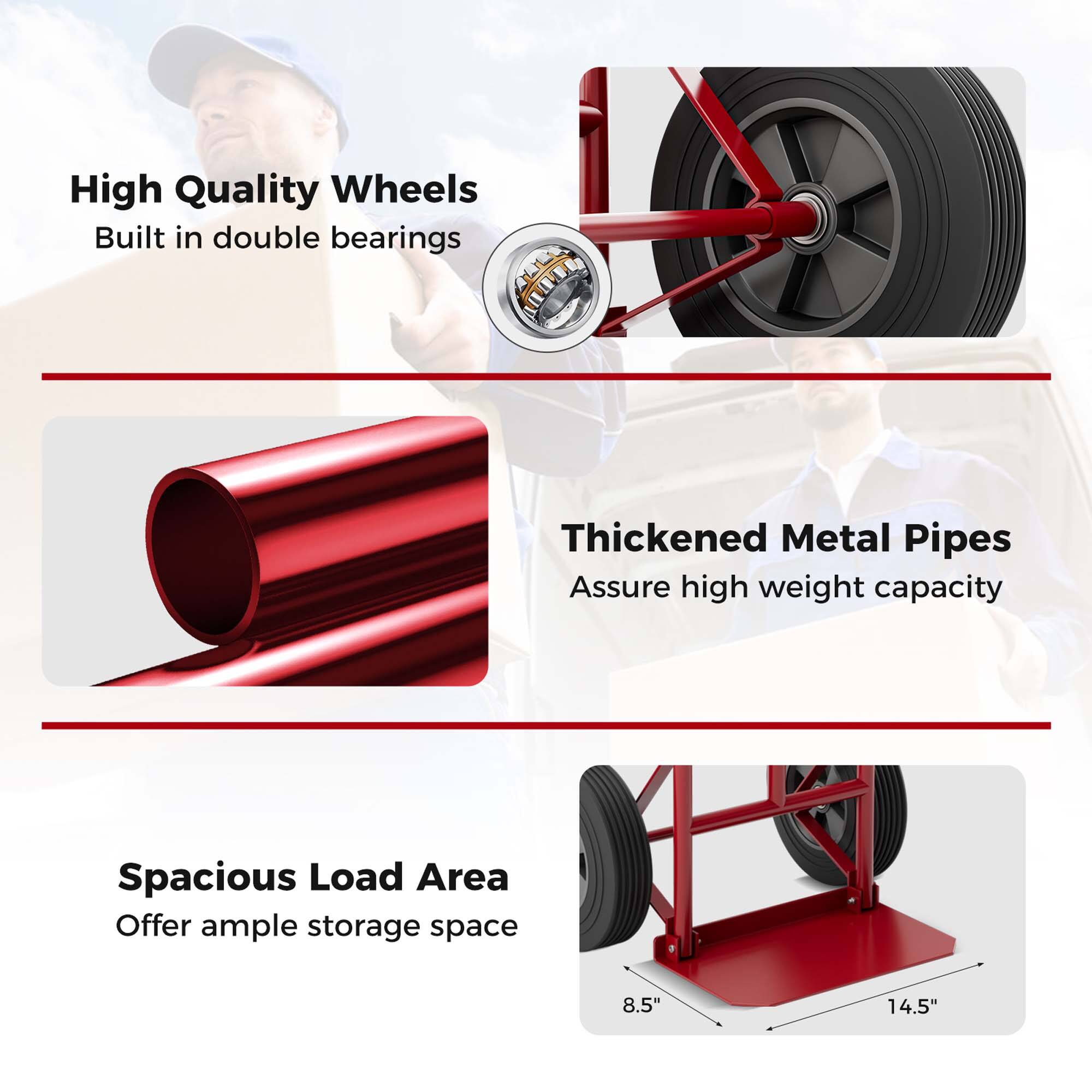 High Quality Wheels Built in double bearings Thickened Metal Pipes Assure high weight capacity Spacious Load Area Offer ample storage space 8.5" 14.5"