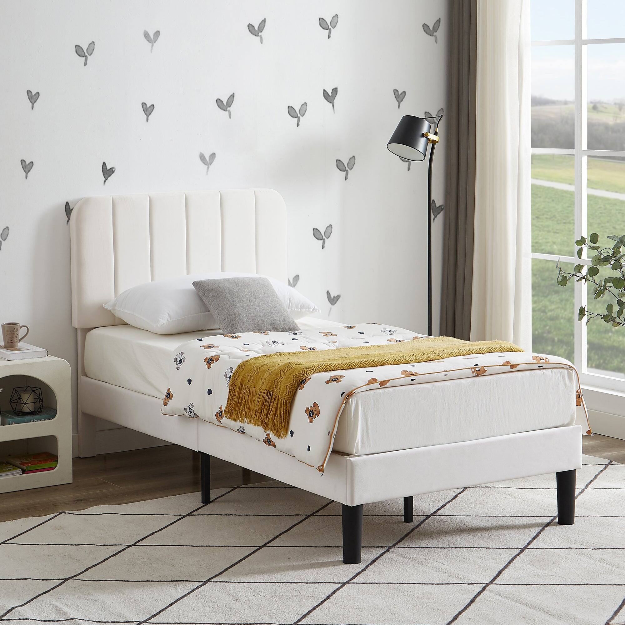 Alt View 2. Vecelo - Upholstered Twin Size Platform Bed Frame with Adjustable Headboard,Velvet Bed Frame No Box Spring Needed - White.