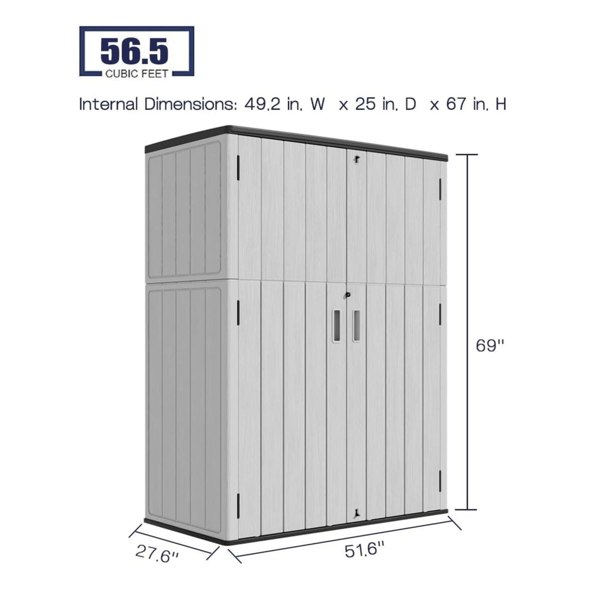 56.5 CUBIC FEET  
Internal Dimensions: 49.2 in. W X 25 in. D X 67 in. H  
69"  
27.6"  
51.6"