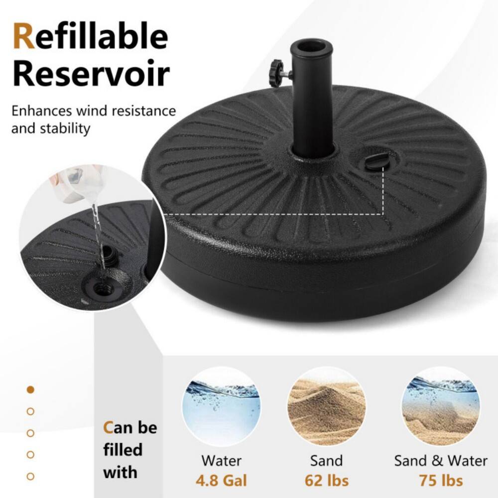 Refillable Reservoir  
Enhances wind resistance and stability  

Can be filled with  
- Water: 4.8 Gal  
- Sand: 62 lbs  
- Sand & Water: 75 lbs