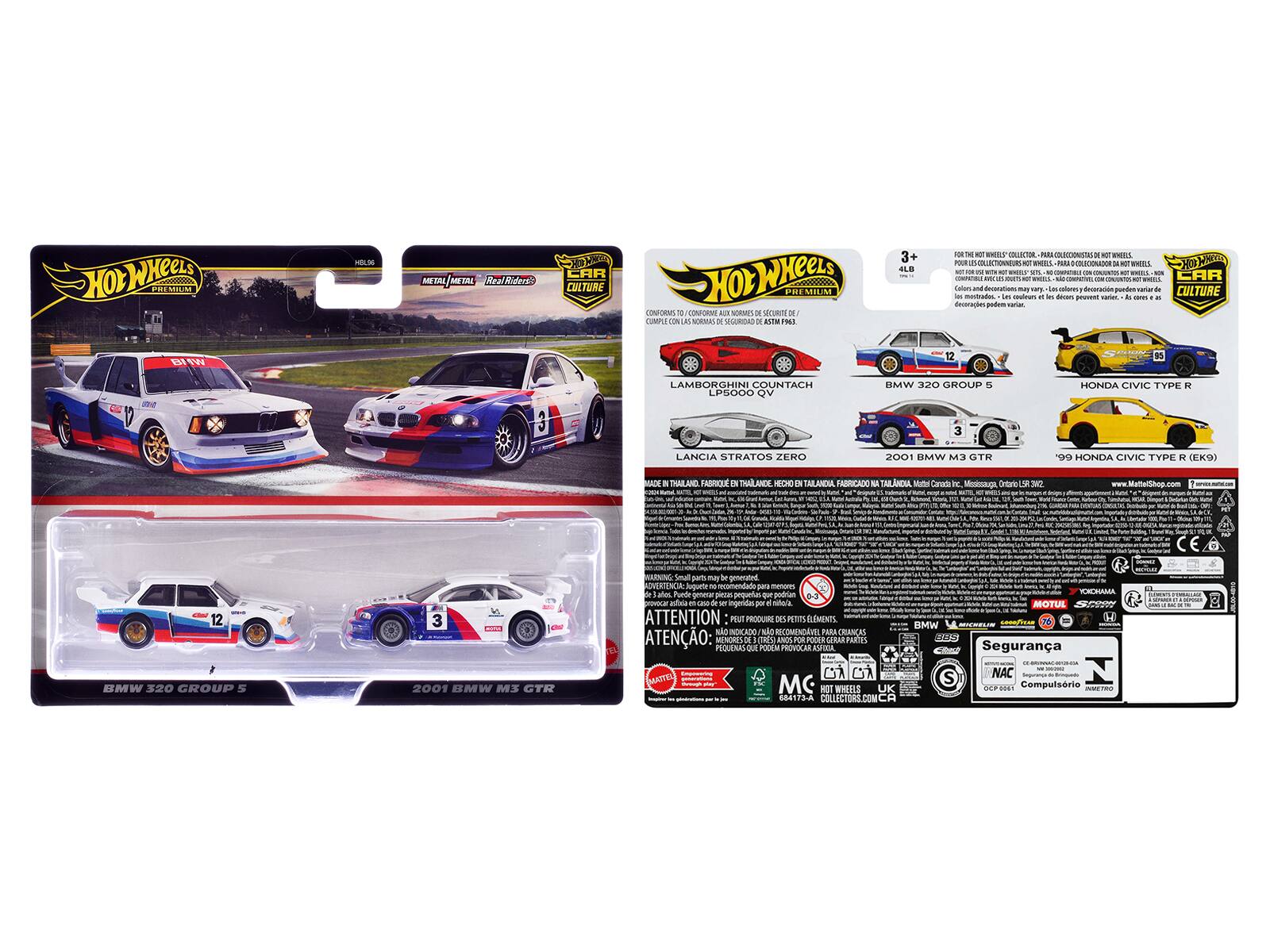 Sure, here is the corrected and grouped text from the image:

---

**Front of the Package:**

- **Hot Wheels**
- **Premium**
- **Car Culture**
- **BMW 320 Group 5**
- **2001 BMW M3 GTR**
- **Lamborghini Countach LP5000 QV**
- **Lancia Stratos Zero**
- **Honda Civic Type R (EK9)**
- **99 Honda Civic Type R (EK9)**
- **3+**
- **4 LB**

**Back of the Package:**

- **Hot Wheels**
- **Premium**
- **Car Culture**
- **BMW 320 Group 5**
- **2001 BMW M3 GTR**
- **Lamborghini Countach LP5000 QV**
- **Lancia Stratos Zero**
- **Honda Civic Type R (EK9)**
- **99 Honda Civic Type R (EK9)**
- **3+**
- **4 LB**
- **FOR THE HOT WHEELS COLLECTOR: PARA LOS COLECCIONISTAS DE HOT WHEELS: POUR LES COLLECTIONNEURS DE HOT WHEELS:**
