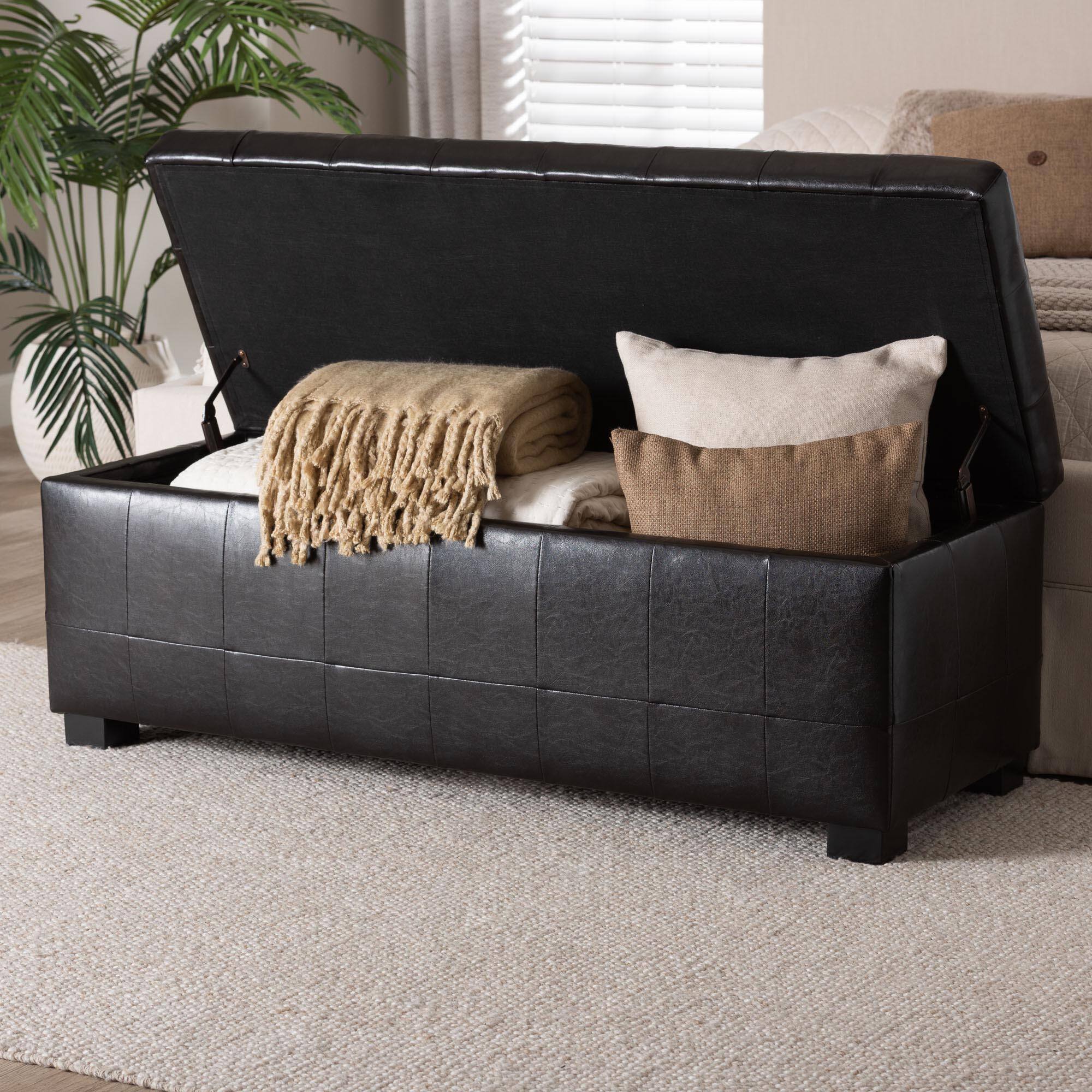 Alt View 6. Baxton Studio - Full Leather Storage Bench Ottoman With Dimples - Dark Brown.