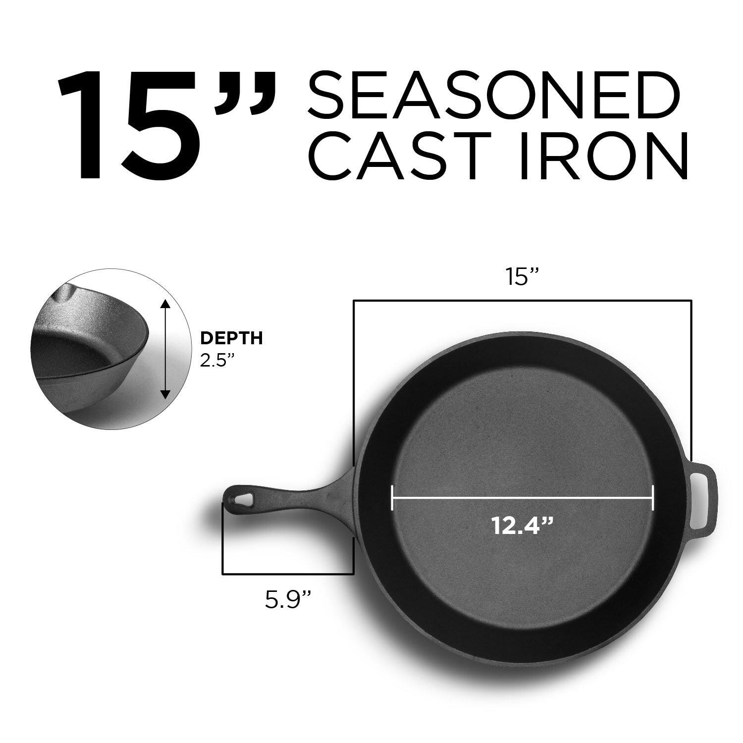 SEASONED 15" CAST IRON 15" DEPTH 2.5" 12.4" 5.9"