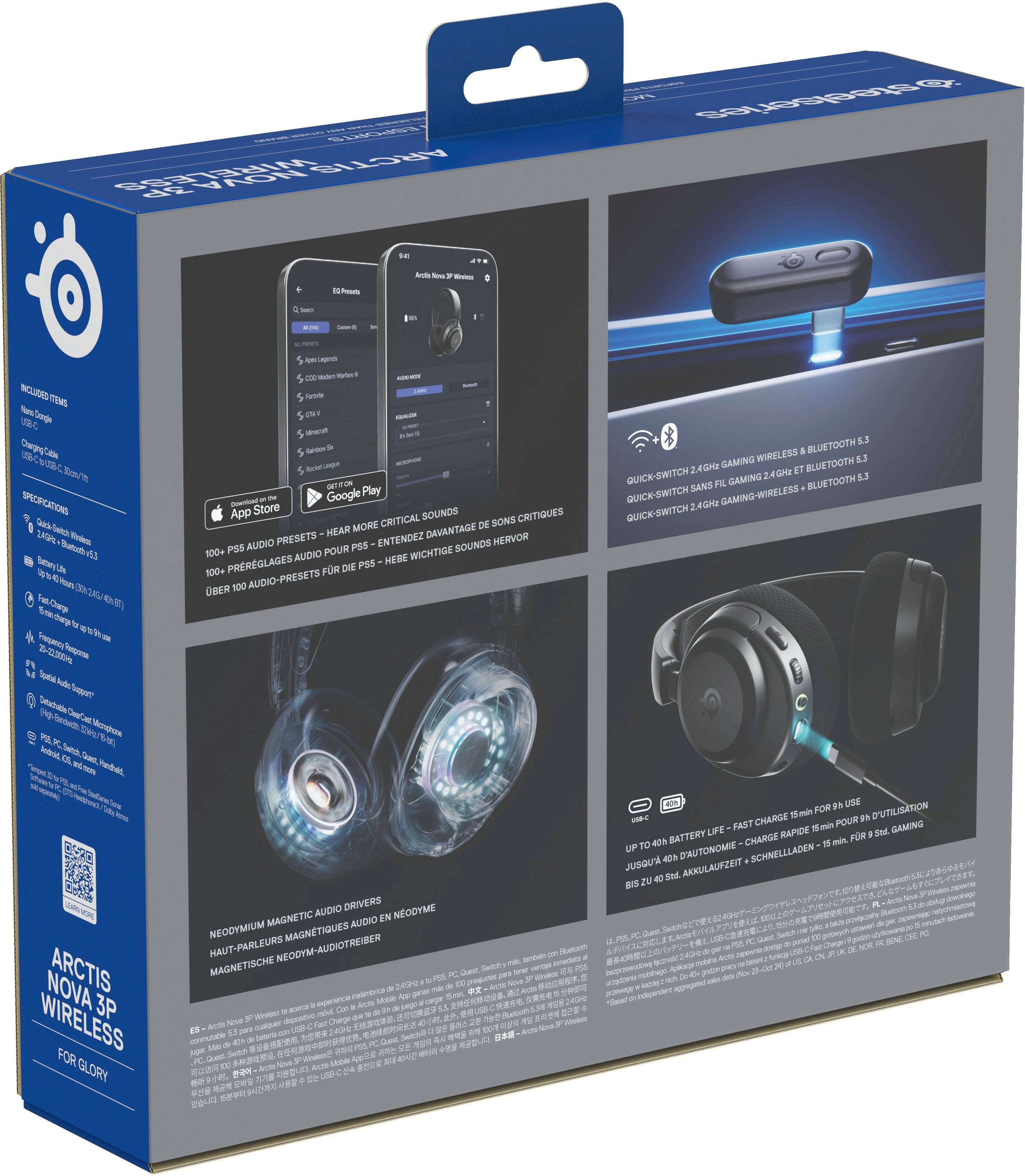 The image shows a box containing a pair of Arctic Sound Wireless headphones. The headphones are designed for gaming and feature Bluetooth connectivity, allowing users to enjoy their gaming sessions without any wires. The headphones come with a quick-switch feature, making it easy to switch between different audio presets. Additionally, the headphones are equipped with a 2.4GHz wireless technology, providing a lag-free and responsive gaming experience. The box also contains a USB cable for charging the headphones, as well as a user manual for easy setup and use.