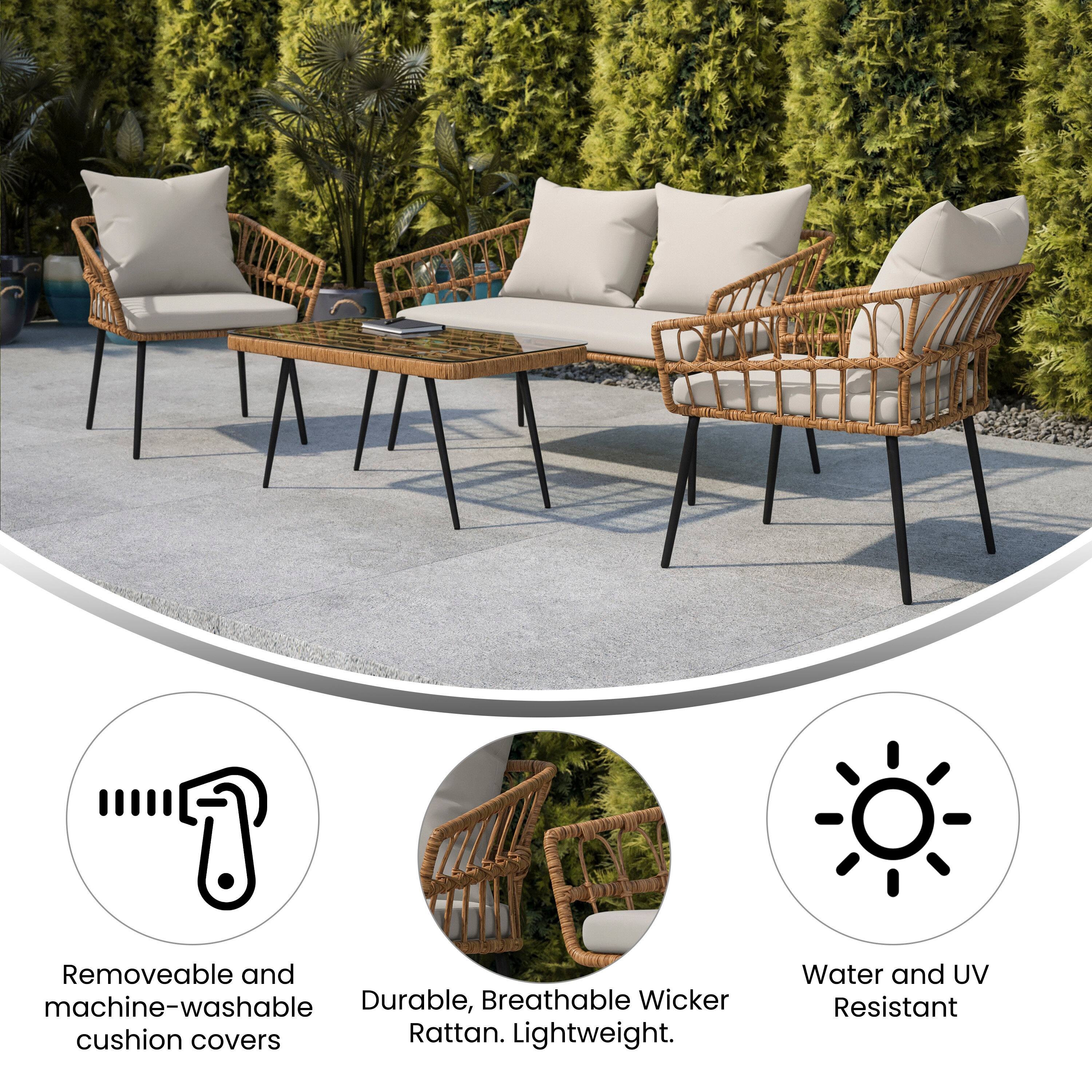 - Removeable and machine-washable cushion covers
- Durable, Breathable Wicker Rattan. Lightweight.
- Water and UV Resistant