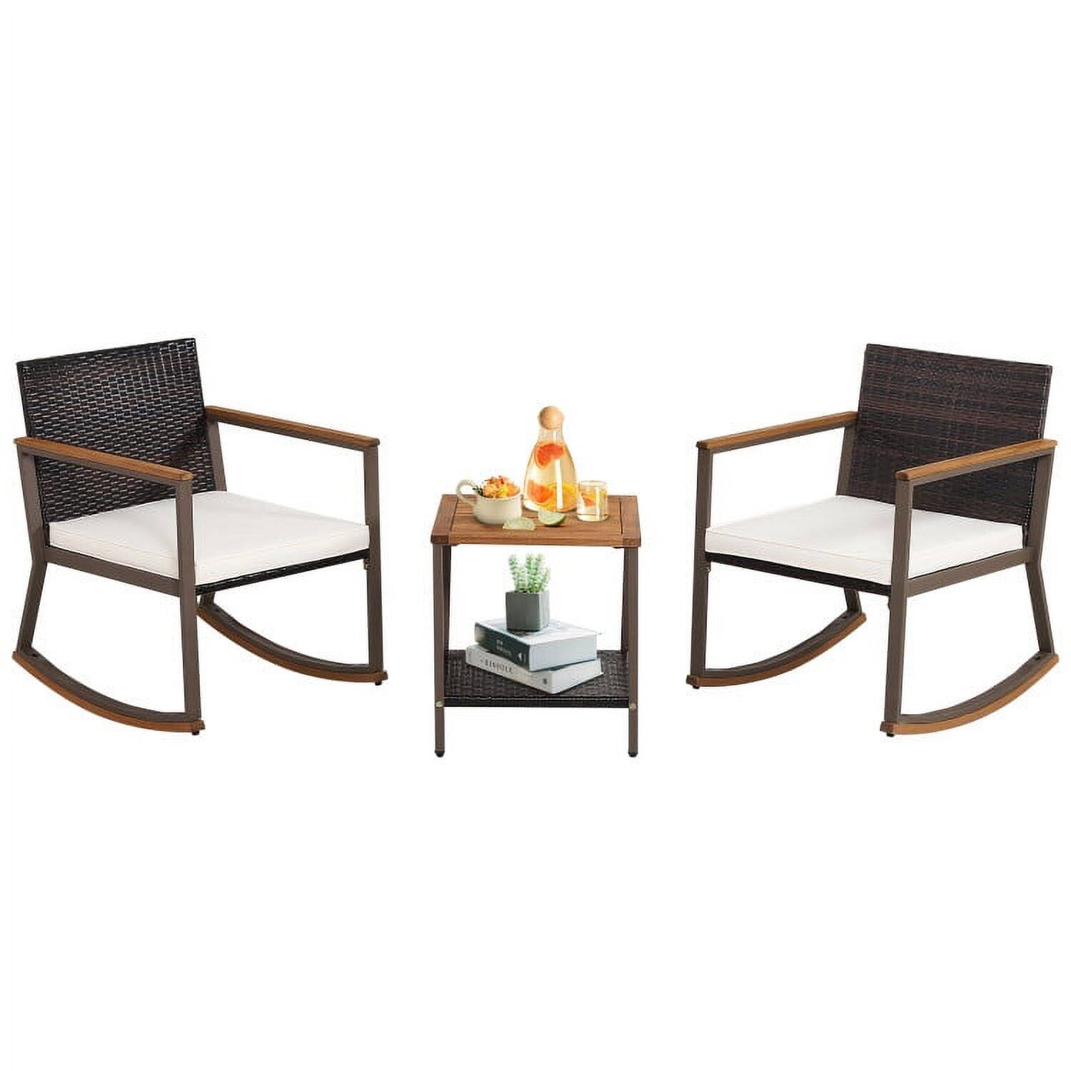 Alt View 5. Kadyn - 3 Pieces Acacia Wood Rocking Bistro Set, Outdoor Furniture Garden Conversation Sets with Coffee Table - White.