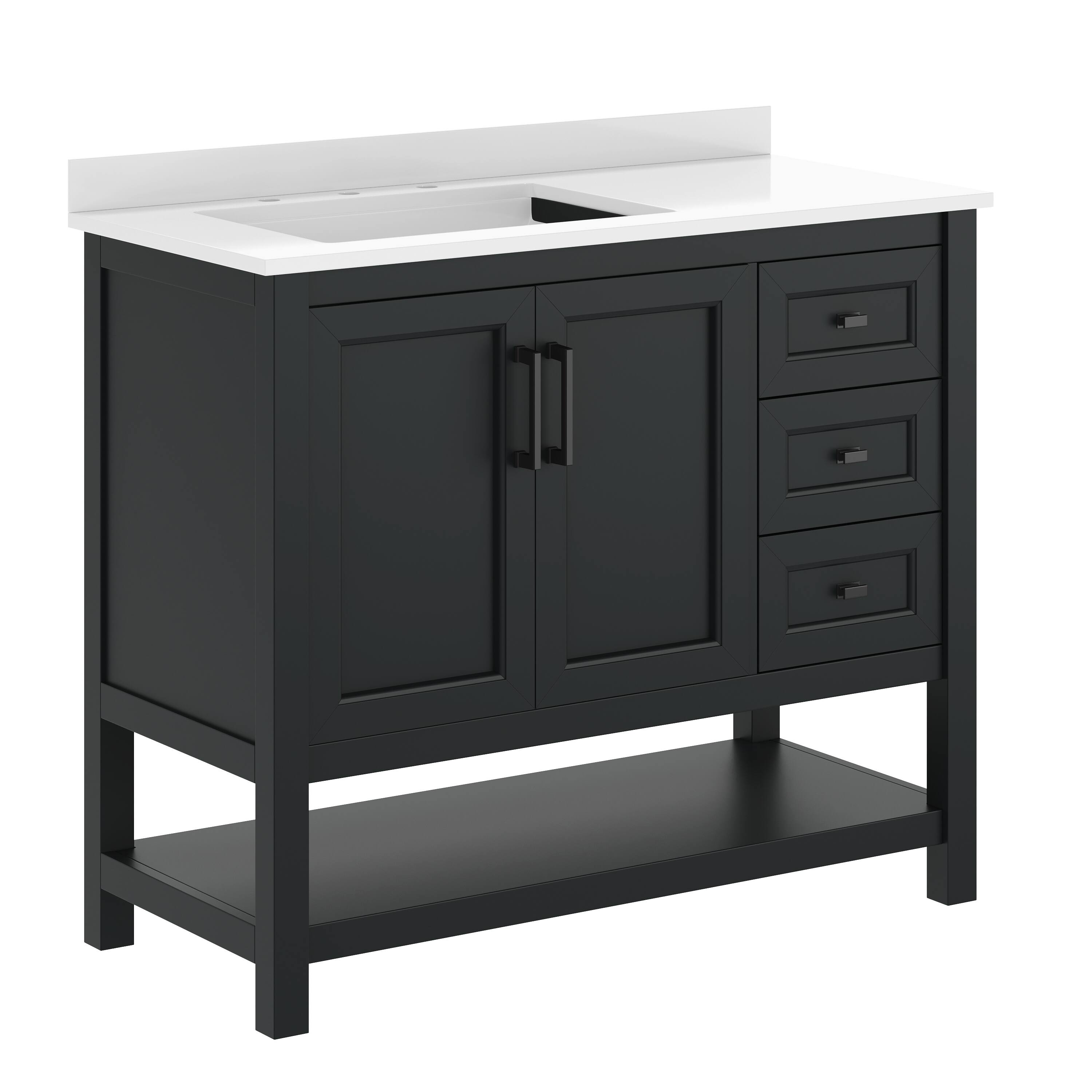 Flash Furniture - Vega 42" Bathroom Vanity with Sink, Cabinet with Hardware, Soft Close Doors, Open Shelf & 3 Drawers, Carrara Marbl - Black
