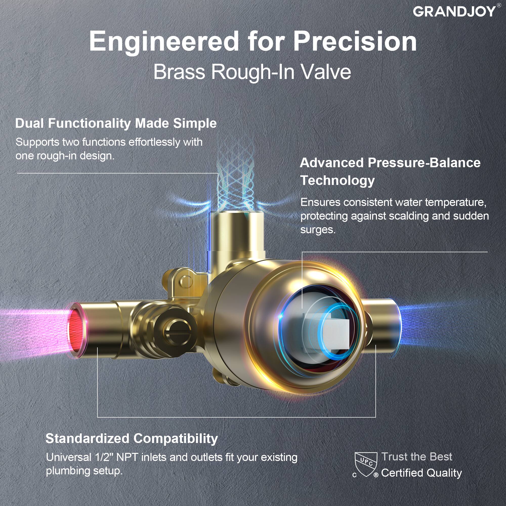 GRANDJOY  
Engineered for Precision  
Brass Rough-In Valve  

Dual Functionality Made Simple  
Supports two functions effortlessly with one rough-in design.  

Advanced Pressure-Balance Technology  
Ensures consistent water temperature, protecting against scalding and sudden surges.  

Standardized Compatibility  
Universal 1/2" NPT inlets and outlets fit your existing plumbing setup.  

Trust the Best  
UPC Certified Quality