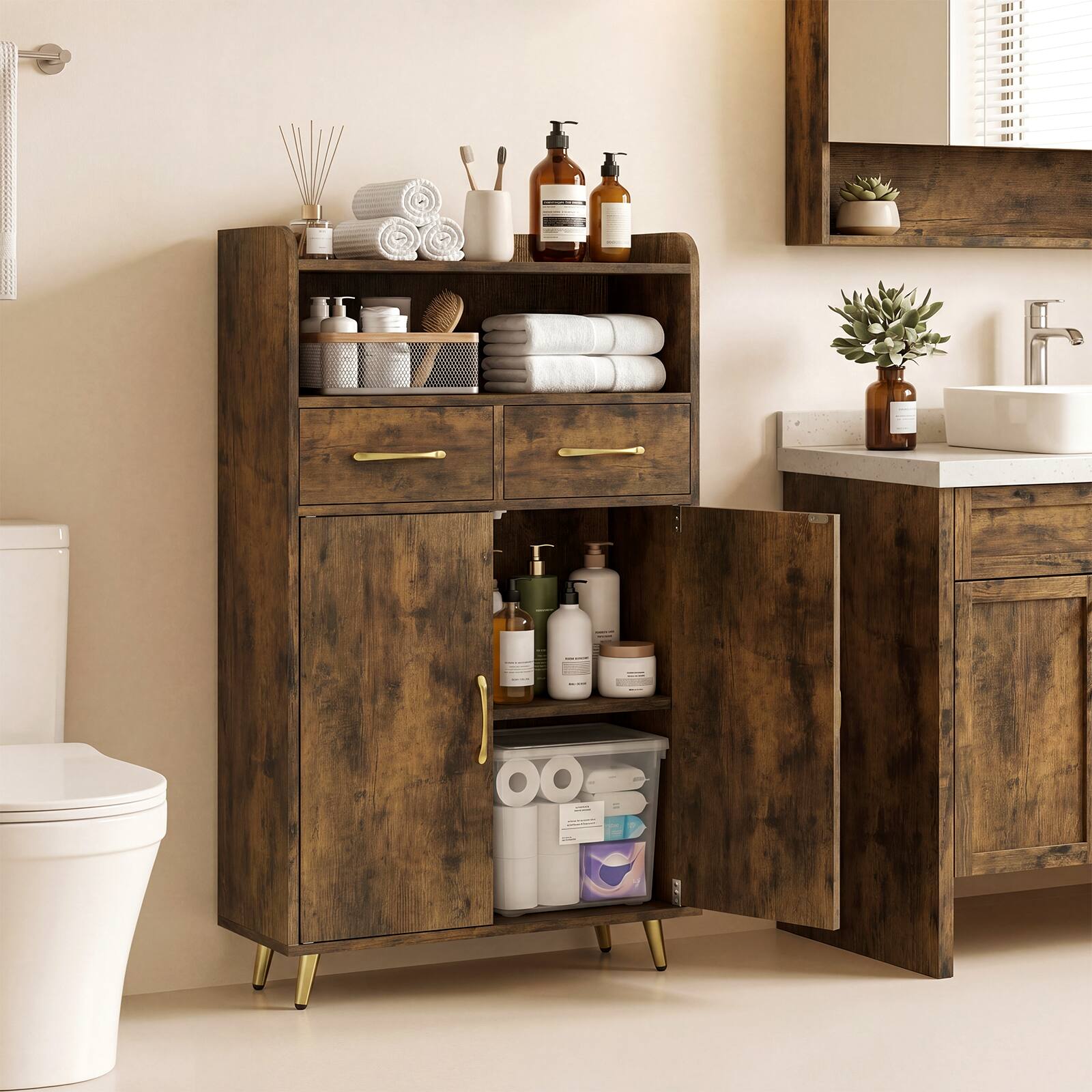 Alt View 1. Costway - Costway Bathroom Storage Cabinet with 2 Drawers and 2 Doors, Adjustable Shelf & Metal Legs - Rustic Brown.