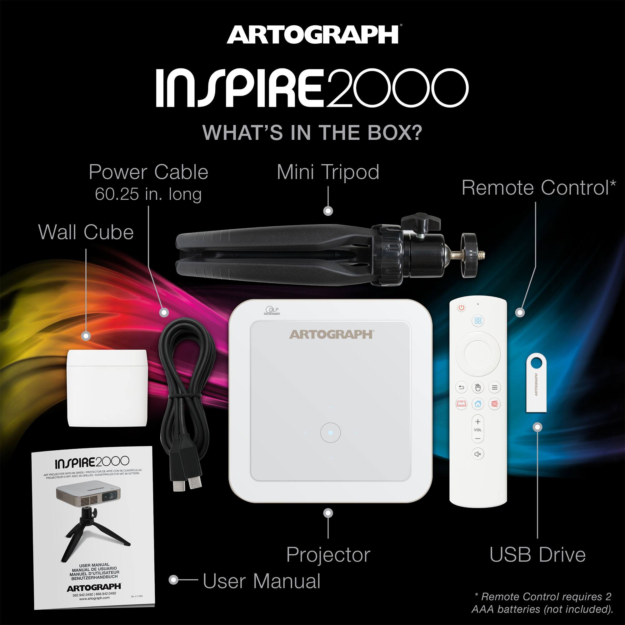 ARTOGRAPH INSPIRE2000 WHAT'S IN THE BOX?

- Power Cable 60.25 in. long
- Mini Tripod
- Remote Control*
- Wall Cube
- COLP
- ARTOGRAPH
- III
- ARLEDGERRER
- YOU
- -
- INSPIRE2000 cuorcas PROTECTORICE 50 PRODUCTOR RYTER POACTURE MO 00-540-00-5-575-16-15-13-
- USER MANUAL MANUALI OF USUARIO MANUEL D'UTILISATEUR BENUTZERHANDBUCH ARTOGRAPH
- Projector User Manual
- USB Drive *Remote Control requires 2 AAA batteries (not included).