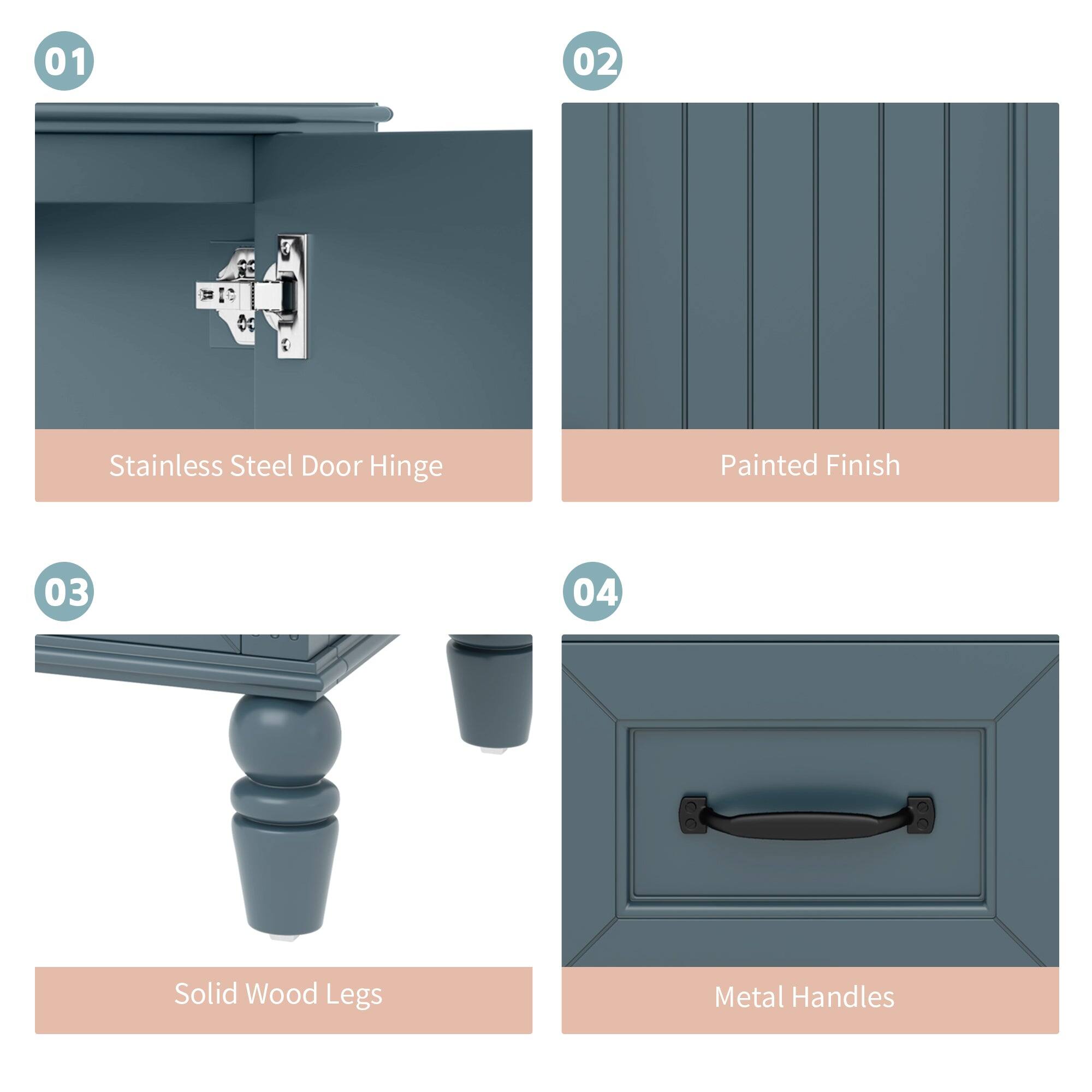 01 Stainless Steel Door Hinge  
02 Painted Finish  
03 Solid Wood Legs  
04 Metal Handles