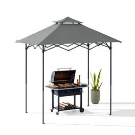 SUNJOY - 8ft. x 5ft. Double Roof Grey Pop up Grill Gazebo with Portable Bag and Removable Remote Control Light - Gray