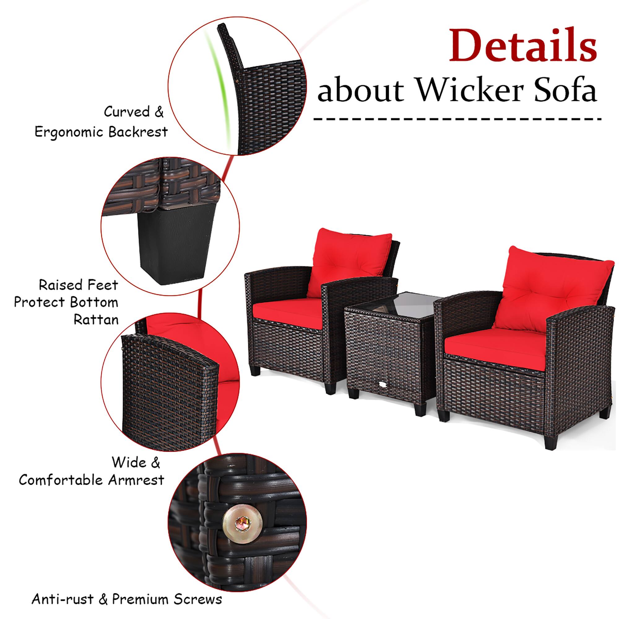 Details about Wicker Sofa: Curved & Ergonomic Backrest, Raised Feet, Protect Bottom Rattan, Wide & Comfortable Armrest, Anti-rust & Premium Screws.