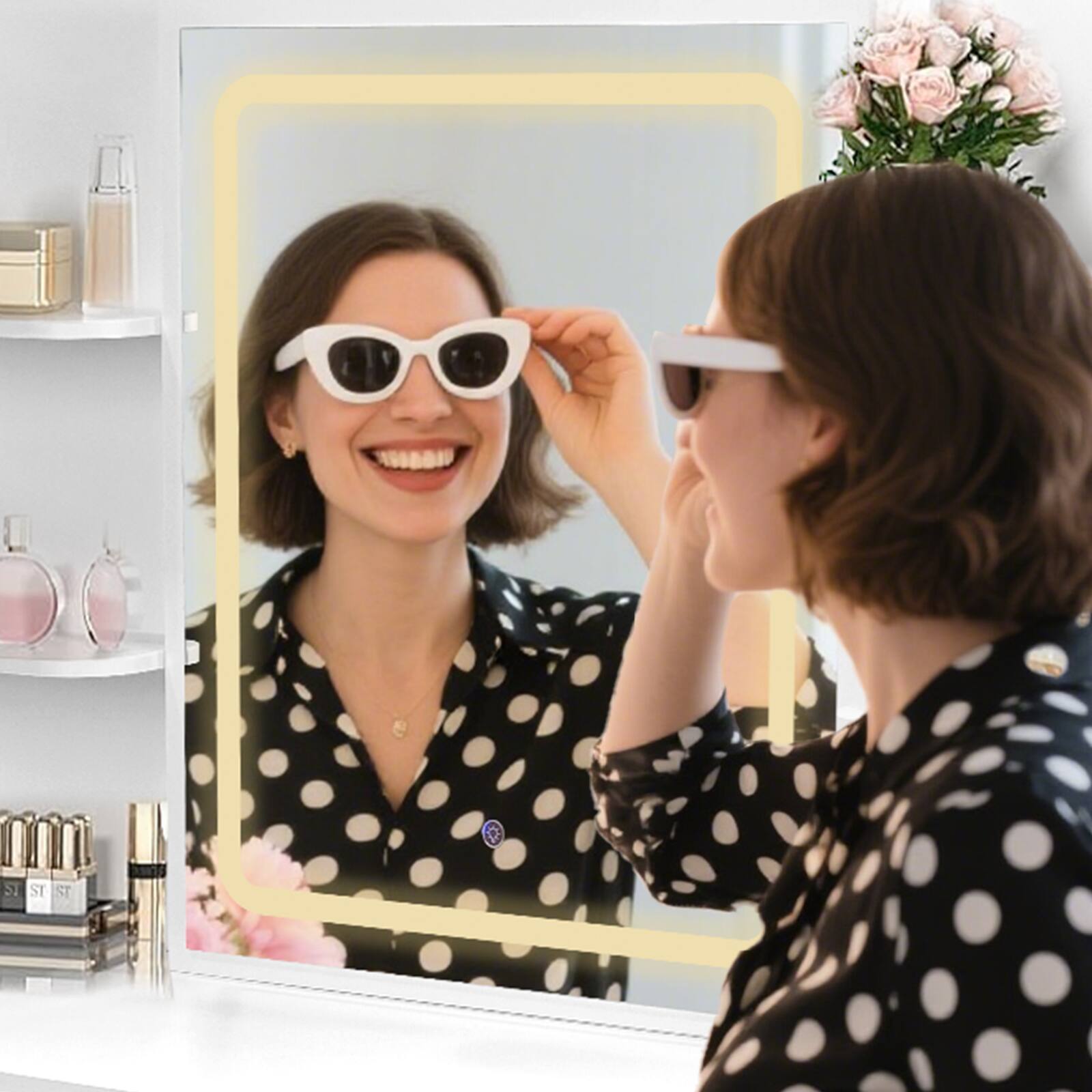Alt View 5. Ecooso - Modern Vanity Table with LED Mirror, Hidden Storage, Adjustable Brightness, Stool - White.