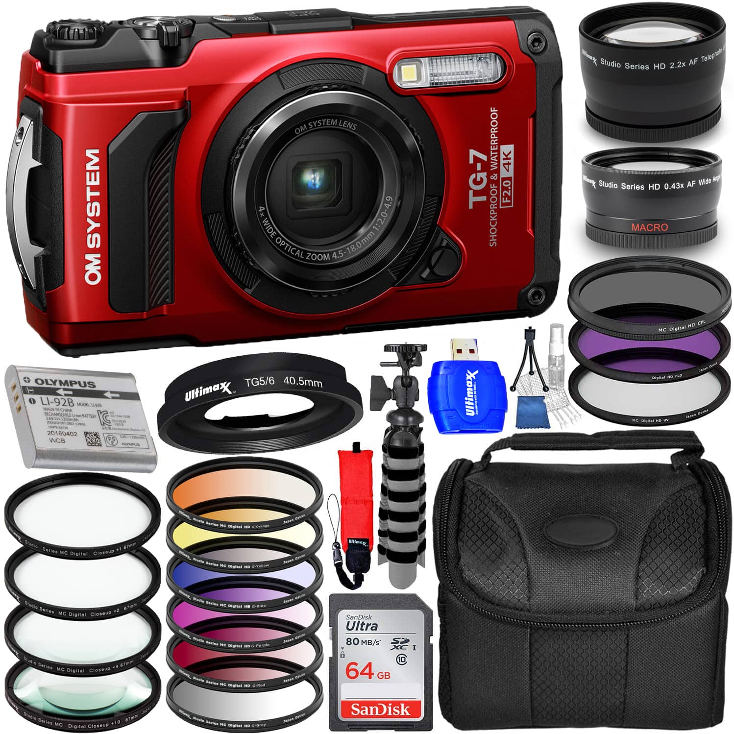 OM System - Tough TG-7 Digital Camera (Red) V110030RU000 - 12PC Accessory Bundle
