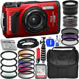OM System - Tough TG-7 Digital Camera (Red) V110030RU000 - 12PC Accessory Bundle