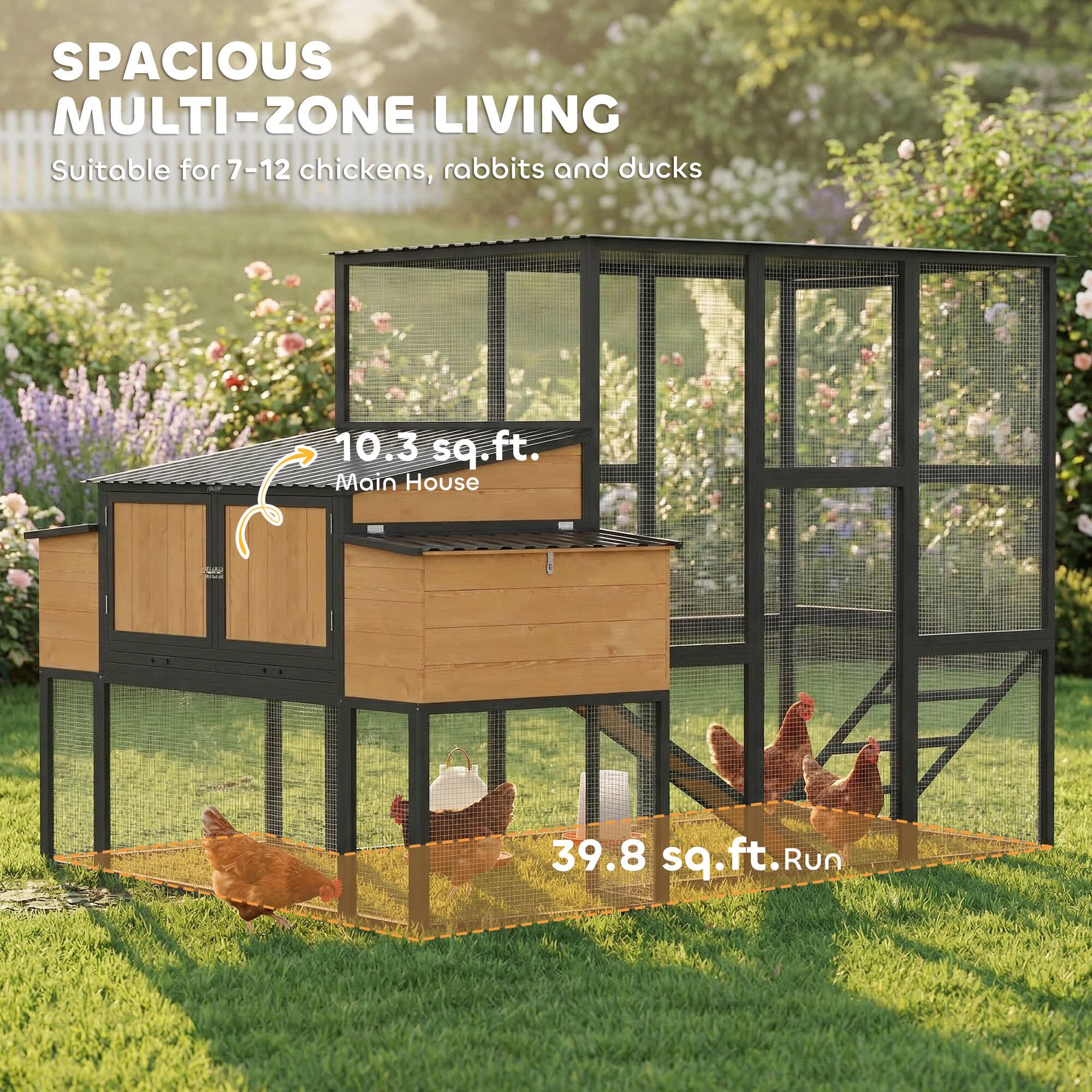 SPACIOUS MULTI-ZONE LIVING  
Suitable for 7-12 chickens, rabbits and ducks  

10.3 sq.ft. Main House  
39.8 sq.ft. Run