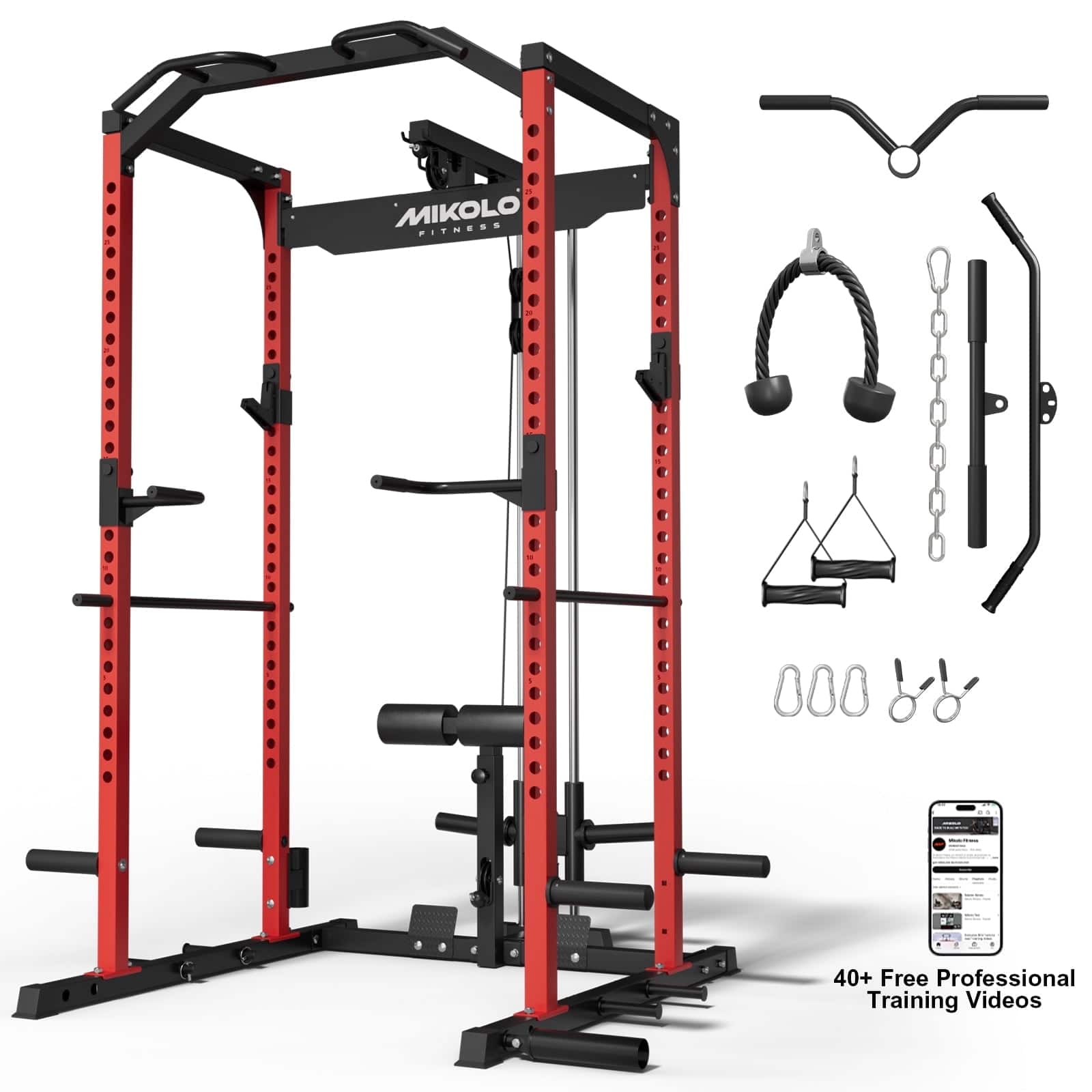 Mikolo - Multi-Functional Squat Rack with LAT Pulldown System Exercise Power Cages, Metal - Red