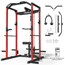 Mikolo - Multi-Functional Squat Rack with LAT Pulldown System Exercise Power Cages, Metal - Red