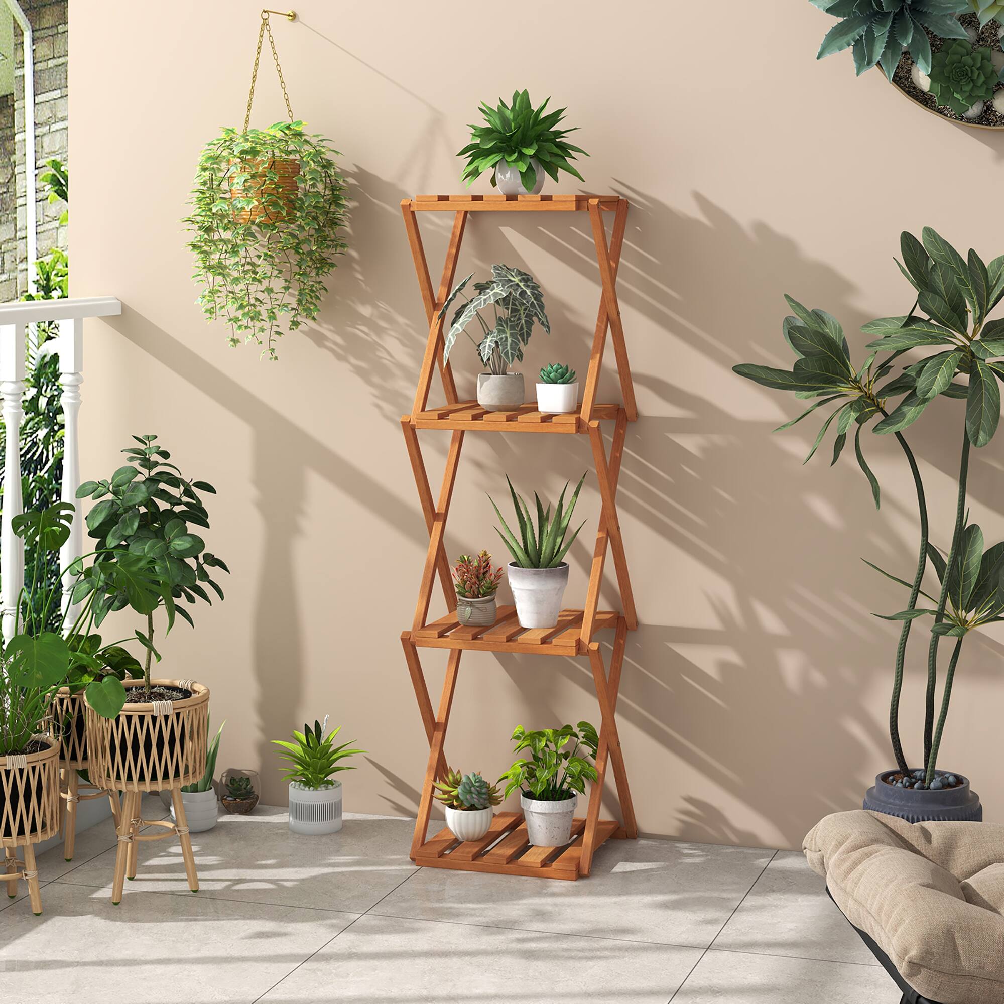 Alt View 1. Gymax - Gymax 4-Tier Folding Plant Stand w/ Slatted Layers Stable X-shaped Structure - Nature Teak Color.